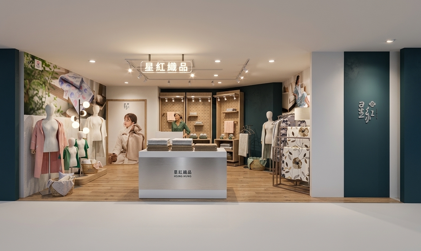 The photo captures a realistic 3D rendering of a modern, inviting clothing store specializing in textiles, designed with an aesthetic that subtly evokes the serene feeling of a **coastal breeze**. The interior is meticulously arranged, featuring a harmonious palette of deep teal accent walls, crisp white display fixtures, and warm, light wood-look flooring that grounds the space. Overhead, a distinctive hanging sign with white characters "星紅織品" (Hsing Hung Textiles) clearly identifies the brand, while focused track lighting illuminates the displays. To the left, a collection of headless mannequins showcases soft, flowing garments in shades of peach, teal, and pale blue, suggesting comfortable loungewear or resort attire, complemented by woven baskets filled with coordinating textiles. The central part of the store features a clean white counter displaying neatly folded stacks of towels or apparel in gentle grays and earthy greens, backed by modular light wood pegboard shelving units that hold additional textile samples and accessories, presided over by an illustrated figure at what appears to be a service counter. Large graphic posters integrated into the walls depict models in relaxed settings, holding soft towels or wearing comfortable garments, reinforcing the brand's emphasis on comfort and quality, while a contemporary metal display rack on the right showcases an array of patterned fabrics, adding visual interest and depth to this elegantly curated retail environment.