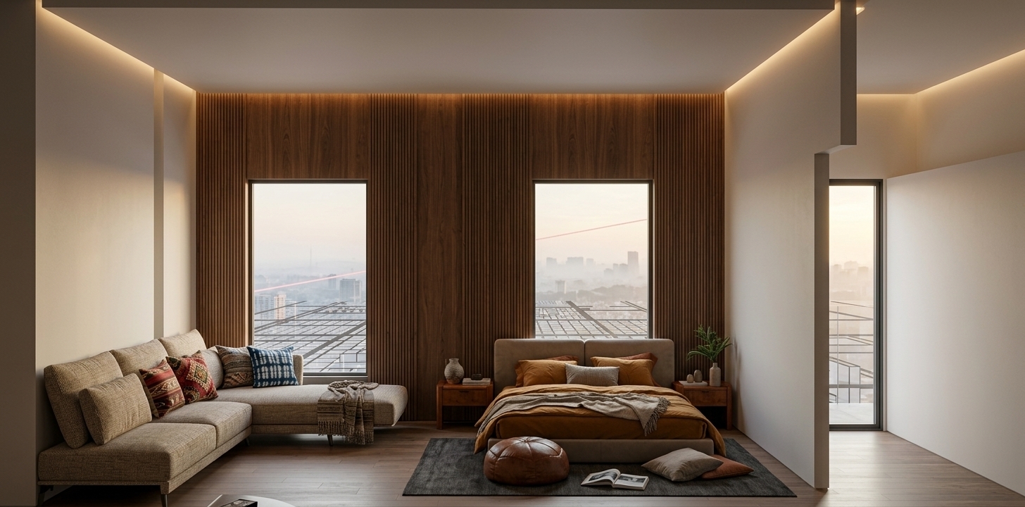An incredibly lifelike, richly detailed, photorealistic wide-angle interior rendering of an eclectic traveler’s haven bedroom suite set in a contemporary urban sanctuary. The scene is illuminated by gentle, diffused daylight pouring through towering vertical windows combined with subtle, warm perimeter cove lighting, creating an adventurous, cultured, and cozy atmosphere. Captured with a professional 28mm architectural lens, emphasizing tactile woven textiles, organic wood grain, and finely curated collected decor. 

On the left, a sleek, modern L-shaped lounge sectional is layered with globally patterned cushions and artisan throws, while to the right, a plush upholstered bed dressed in earthy linens and layered textured blankets is grounded by a charcoal area rug, a supple leather pouf, and open photography books on the floor. Rich, warm timber wall panels frame the floor-to-ceiling glass doors, complemented by curated travel-inspired wall art, vintage nightstands topped with ceramic relics and potted indoor greenery, seamlessly harmonizing modern luxury with worldly, nostalgic charm.