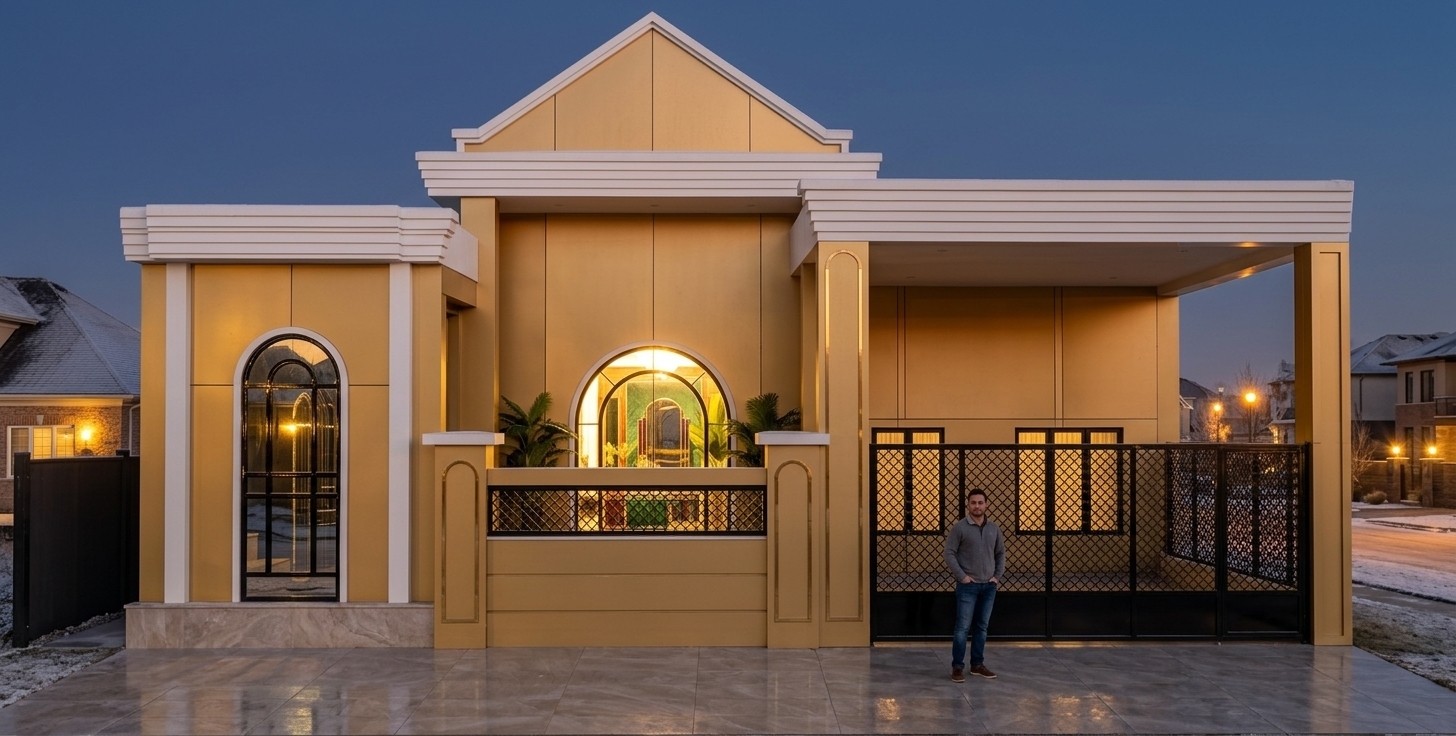 An incredibly lifelike, richly detailed, photorealistic eye-level exterior shot of a luxurious Art Deco-inspired residence set in an upscale neighborhood during a crisp winter dusk. The scene is illuminated by the warm, dramatic glow of a low-angled winter sunset that glints across polished finishes, perfectly complemented by soft interior lighting glowing from behind grand arched windows, creating an extravagant and glamorous atmosphere. Captured with a medium-format camera and a 35mm tilt-shift architectural lens, emphasizing bold geometric moldings, gilded golden facade panels, pristine white stepped cornices, and glossy black lacquered ironwork. The symmetrical central pediment rises majestically above a grand arched doorway with reflective glass, flanked by ornamental lattice balustrades, chic black metal gates, and subtle glimpses of lush indoor plants and jewel-toned, mirrored decor within the sophisticated interior.