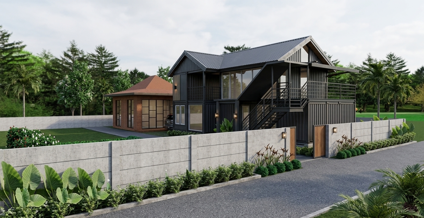 An eye-level architectural photograph capturing the two-story shipping container residence and precast concrete boundary wall with exact fidelity to the existing layout and geometry. The corrugated dark container siding displays a realistic satin-matte finish, paired with structural black steel stairs, railings, and clear architectural glass showing subtle exterior reflections. The concrete fence exhibits authentic micro-textures, cast panel seams, and natural light contact, bordered by lush, lifelike tropical foliage and an asphalt driveway. The scene is illuminated by bright, clear daylight creating realistic soft-edged shadows, accented by a gentle warm flare from the mounted exterior lamps, all rendered with sharp tilt-shift lens clarity, accurate material physics, and balanced natural contrast.