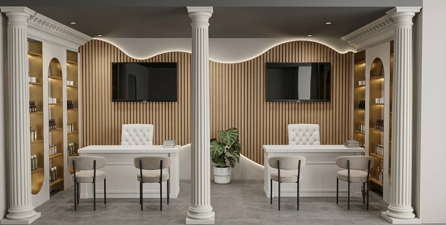 A photorealistic, eye-level interior architectural photograph of the contemporary Greek-themed exhibition stand, precisely maintaining the existing layout, geometry, and composition. The scene features smooth white neoclassical fluted columns with subtle plaster texture, standing before warm vertical wood-slat feature walls with realistic timber grain and natural wavy silhouettes. Two clean white reception desks exhibit matte painted finishes with soft edge highlights, paired with textured fabric upholstery on the contemporary chairs. Symmetrical arched alcoves on the flanks cast a warm, golden ambient backlighting across the displayed bottles and shelves. The flat screens display subtle glass reflections under recessed warm LED ceiling spotlights, while soft ground shadows fall on the neutral floor, captured with a sharp 35mm architectural lens, balanced exposure, and natural depth.