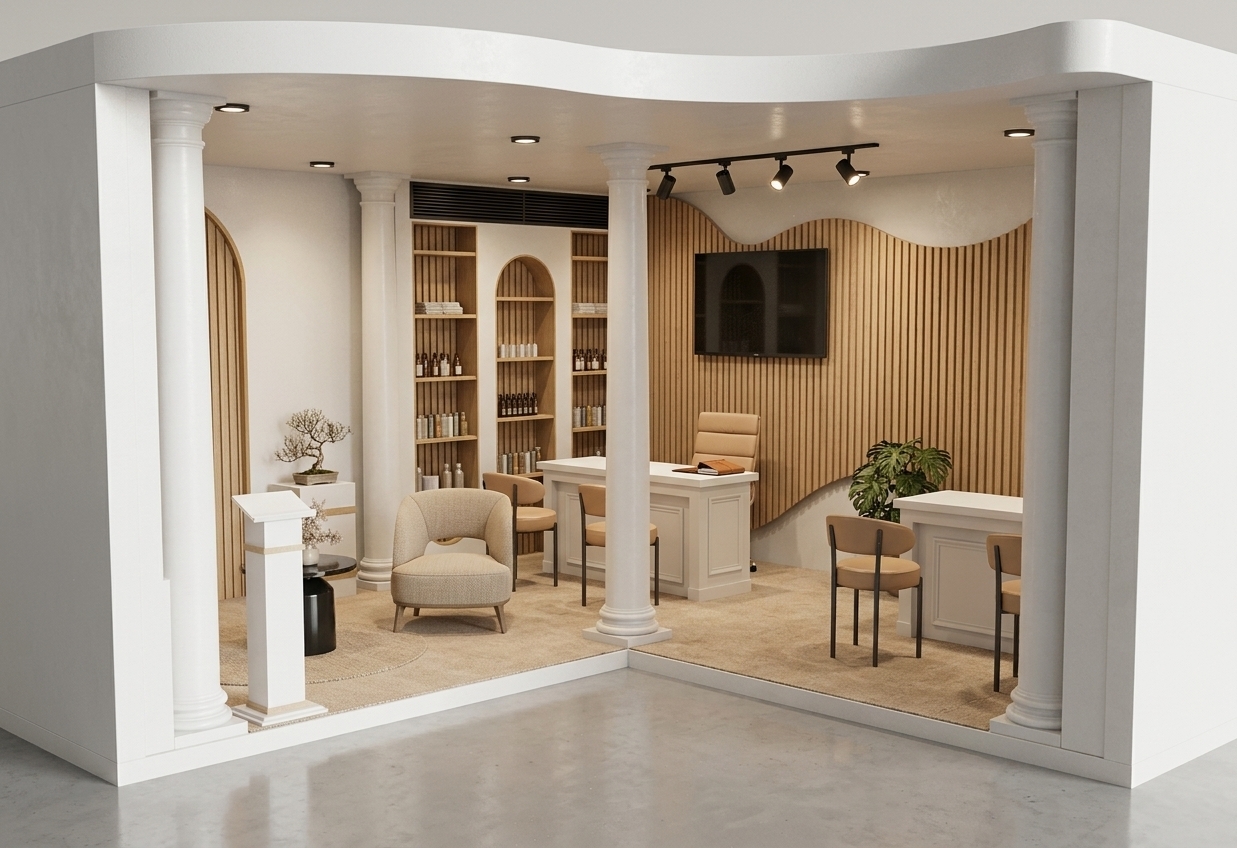 A clean architectural photograph of the contemporary Mediterranean-Greek exhibition booth, preserving the exact layout, geometry, and composition from the image. The floor is rendered in light matte travertine stone with authentic subtle veining and soft light diffusion. The classical columns and structure feature smooth off-white plaster, paired with natural light-wood vertical slats on the curved backdrop. Desks display a clean semi-matte white finish with delicate molding, alongside realistic neutral linen upholstery on the seating. Warm, recessed ceiling spotlights cast soft, ambient shadows and natural highlights throughout the space, creating a polished, beautifully balanced photorealistic interior with crisp material textures and true-to-life exposure.