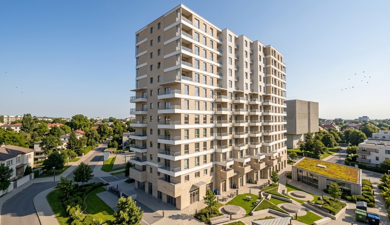 An incredibly lifelike, richly detailed, photorealistic elevated architectural perspective of a contemporary high-rise residential tower set in a tranquil, verdant urban neighborhood. The scene is illuminated by radiant midday sunlight filtering through a clear blue sky, casting crisp, defined shadows and creating an inviting, sophisticated, and serene atmosphere. Captured with a professional wide-angle tilt-shift lens, emphasizing precise material transitions and rich tactile textures, the multi-tiered facade showcases an elegant palette of natural earth tones, alternating between smooth light-beige render, crisp white horizontal bands, and warm terracotta-brown accent panels, all complemented by sleek light-grey metal balcony railings and window frames. Anchoring the structure, the commercial ground floor is handsomely detailed with light-beige "Long John" elongated bricks and expansive storefront glazing, opening directly onto a masterfully designed minimalist courtyard featuring manicured geometric lawns, circular stone seating plazas, and an adjacent low-rise pavilion topped with a lush green roof, perfectly embedding the modern development into its surrounding tree-lined community.