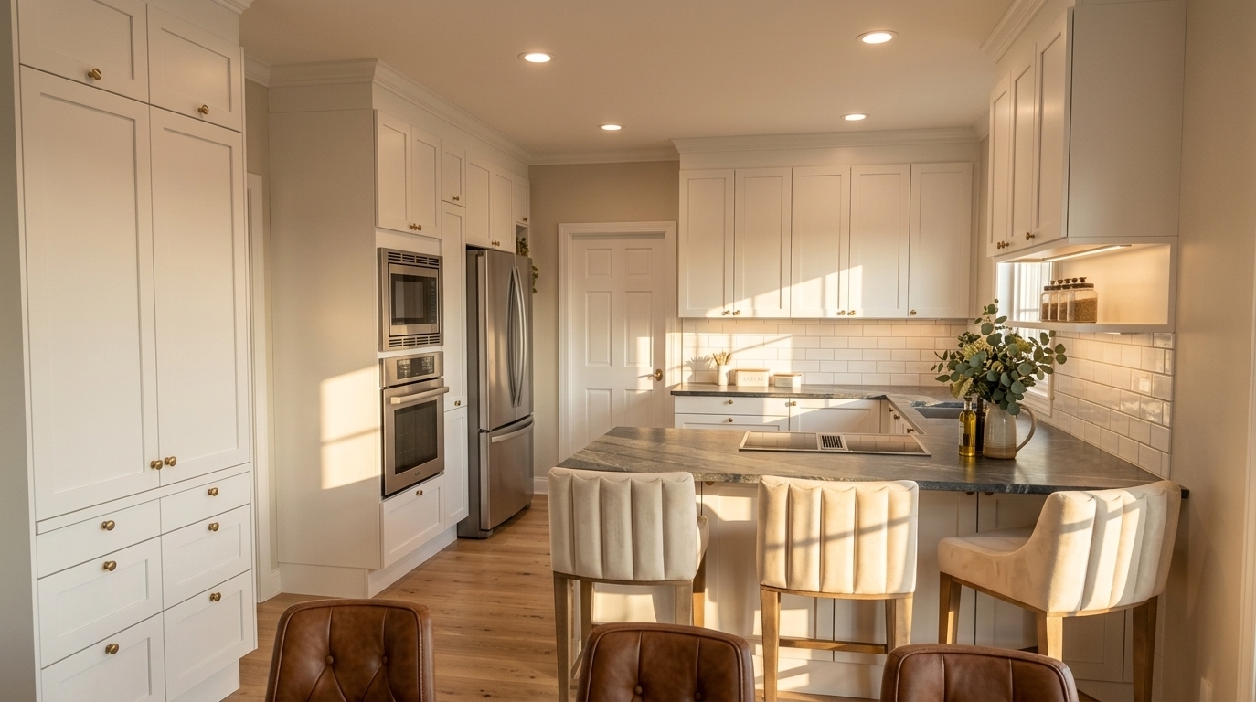 An incredibly lifelike, richly detailed, photorealistic wide-angle interior shot of a bright transitional kitchen set in an airy coastal residence. The scene is illuminated by warm, golden-hour sunlight sweeping across the room alongside soft recessed ceiling lights and gentle under-cabinet task lighting, creating a tranquil, sun-drenched, coastal breeze atmosphere. Captured with a professional 24mm architectural tilt-shift lens, emphasizing the crisp matte-white shaker cabinetry, sweeping charcoal-and-gray veined quartzite countertops, and glossy white subway tile backsplash. A spacious peninsula with an integrated induction cooktop is framed by three elegant, channel-tufted cream barstools catching sharp, warm sunlight, while natural light-oak plank flooring grounds the space. Built-in stainless steel appliances, a sleek French-door refrigerator, and delicate organic accents like fresh eucalyptus in a ceramic vase complete this refined, inviting culinary space.