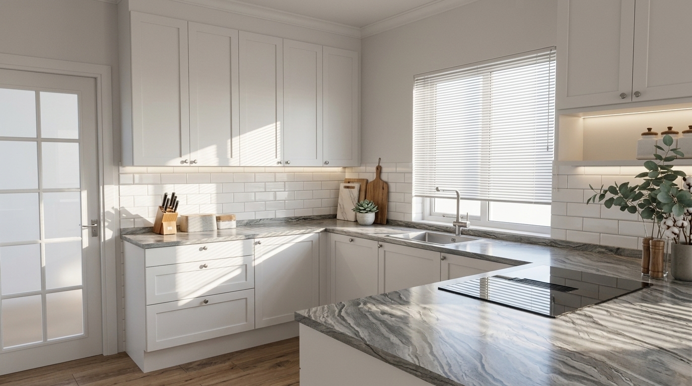 An incredibly lifelike, richly detailed, photorealistic wide-angle interior architectural shot of a modern coastal kitchen set in an airy, sun-drenched seaside home. The scene is illuminated by crisp morning daylight pouring through slatted window blinds, casting intricate geometric sunbeams across the cabinetry, combined with warm, subtle under-cabinet task lighting that creates a fresh, serene, and inviting atmosphere. Captured with a professional 24mm architectural lens, emphasizing the undulating organic veining of the polished grey quartzite countertops, the clean matte-satin finish of the white shaker cabinetry, reflective subway tile backsplashes, and the tactile warmth of natural wood cutting boards paired with vibrant eucalyptus botanicals subtly swaying in the coastal breeze.