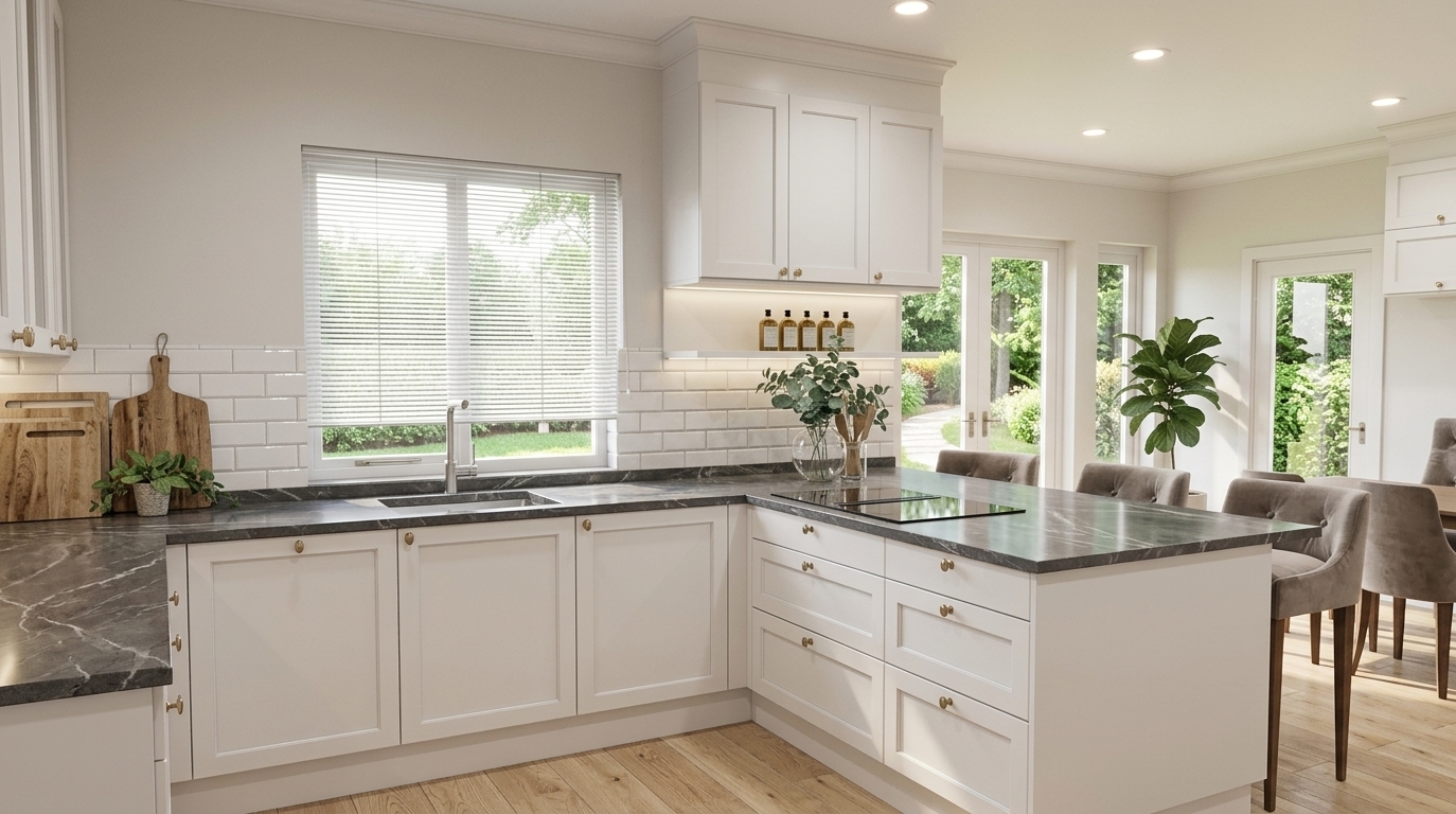 An incredibly lifelike, richly detailed, photorealistic eye-level interior shot of a modern transitional kitchen set in an airy, sun-drenched suburban home. The scene is illuminated by soft, natural morning daylight filtering through the horizontal window blinds and French patio doors, beautifully balanced by warm recessed ceiling spotlights and soft under-cabinet LED strip lighting, creating a refreshing, relaxed coastal breeze atmosphere. Captured with a professional 24mm architectural wide-angle lens, emphasizing the fine natural grain of the light oak floorboards, the glossy reflection of the white subway tile backsplash, and the rich, dramatic marble-like veining on the polished charcoal-grey quartzite countertops. The elegant white shaker-style cabinetry with delicate brushed hardware surrounds a spacious peninsula featuring a flush induction cooktop, complemented by tasteful accents including rustic wooden cutting boards, a clear glass vase of fresh eucalyptus, and plush tufted velvet bar stools nestled nearby against views of the verdant green garden outside.
