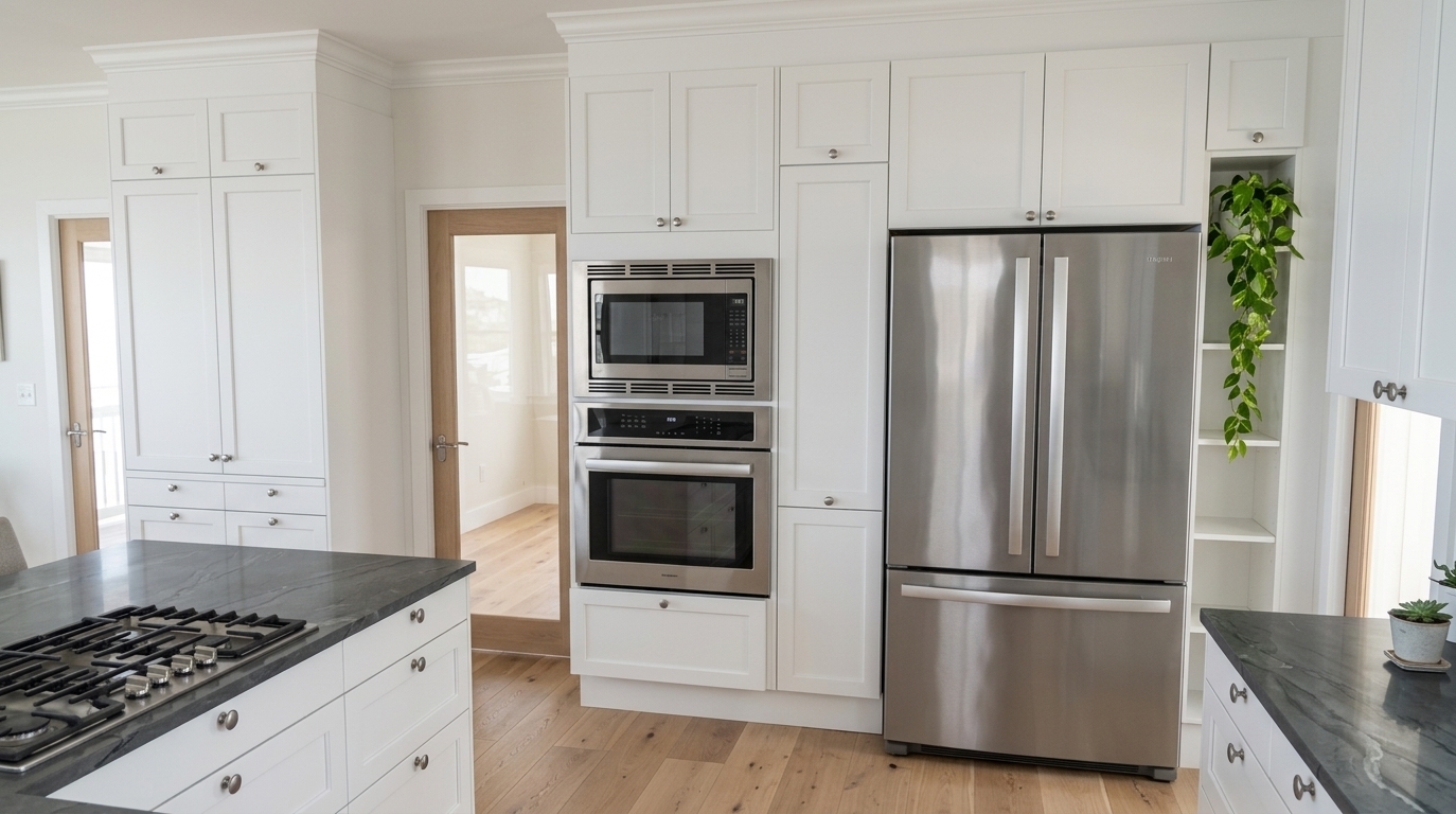 An incredibly lifelike, richly detailed, photorealistic wide-angle interior photo of a transitional gourmet kitchen set in a bright, sunlit coastal home. The scene is illuminated by soft, diffused natural daylight that evokes the fresh feeling of a coastal breeze, creating a serene, airy, and sophisticated atmosphere. Captured with a professional 24mm architectural lens, emphasizing the crisp finish of the matte white shaker-style cabinetry with subtle pewter hardware, the deep fluid veining across the dark grey stone countertops, and the soft directional reflections on the brushed stainless steel appliances. Wide-plank light oak flooring adds natural organic warmth underfoot, while an open recessed shelving unit features a vibrant trailing green pothos plant, bringing a touch of fresh, lively nature to this impeccably designed culinary space.