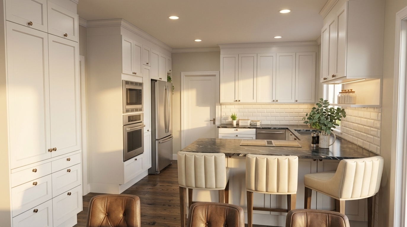An incredibly lifelike, richly detailed, photorealistic eye-level interior photo of a transitional kitchen set in an airy seaside home refreshed by a gentle coastal breeze. The scene is illuminated by warm, low-angled golden sunlight pouring through the side window alongside soft recessed ceiling lights and under-cabinet illumination, creating an inviting, serene atmosphere. Captured with a 35mm architectural lens, emphasizing the crisp satin finish of the white Shaker cabinetry, the dramatic charcoal veining on polished quartzite countertops, and the glossy finish of the white subway tile backsplash. Tactile ribbed cream leather barstools tuck neatly under the generous peninsula, perfectly complemented by natural light oak hardwood flooring, stainless steel built-in appliances, and fresh green eucalyptus leaves adding a vibrant organic touch.