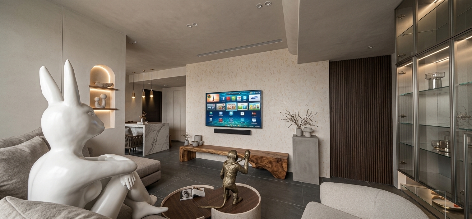 A professional architectural photograph of the modern living space preserving the exact geometry, composition, and perspective with straight vertical lines. Warm golden-hour daylight enters from the right, harmonizing with neutral 4000K ceiling downlights and soft indirect shelf illumination to create realistic depth and gentle contact shadows without over-processed HDR. Surfaces exhibit authentic physical textures, including the tactile plaster TV wall, rich organic grain on the live-edge bench and fluted wood partition, matte fabric upholstery on the seating, and subtle ambient reflections across the large floor tiles.