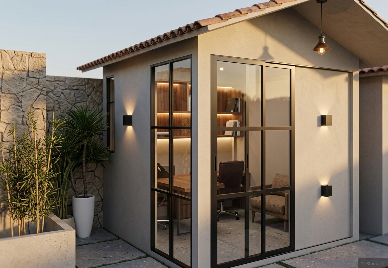 An incredibly lifelike, richly detailed, photorealistic eye-level architectural photograph of a contemporary standalone garden home office set in a private, landscaped residential courtyard. The scene is illuminated by the soft, warm golden glow of late-afternoon sunlight casting gentle shadows, harmonized with warm ambient interior lighting, creating an inviting, serene, and sophisticated atmosphere. Captured with a 35mm architectural tilt-shift lens, emphasizing the organic grain of warm walnut wood cladding, the crisp matte-black metal frame profiles, polished glass reflections, tactile off-white plaster, and traditional terracotta roof tiles. 

Through the expansive floor-to-ceiling gridded glass sliding doors and corner glazing, the refined interior is visibly staged with a tailored wooden desk, ergonomic executive chair, custom shelving, and a cozy accent armchair. Outside, smooth stone ground pavers with subtle green turf insets ground the structure, flanked by a modern planter with slender bamboo stalks, potted tropical palms, and a textured natural stone boundary wall, while minimal matte-black wall sconces provide elegant architectural accents.