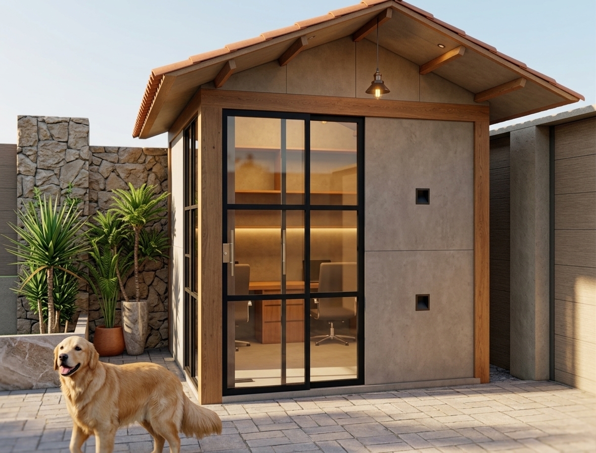 An incredibly lifelike, richly detailed, photorealistic eye-level architectural shot of a contemporary standalone backyard home office set in an intimate, paved garden patio. The scene is illuminated by soft, warm late-afternoon sunlight casting gentle shadows, complemented by an inviting golden glow radiating from the interior, creating a sophisticated and cozy atmosphere. Captured with a professional 35mm tilt-shift lens, emphasizing the tactile textures of exposed medium-toned structural timber posts, visible ceiling beams beneath the warm terracotta clay-tile gabled roof, and the subtle texture of smooth concrete panels. The prominent black-framed grid glass sliding doors reflect the ambient outdoor light while offering a crisp, clear view into the streamlined office workspace equipped with warm woodwork and ergonomic chairs. Flanking the pavilion, a natural rustic stone wall, lush potted tropical foliage, and a golden retriever in the clean foreground complete this elegant, high-end Brazilian modern architectural scene.