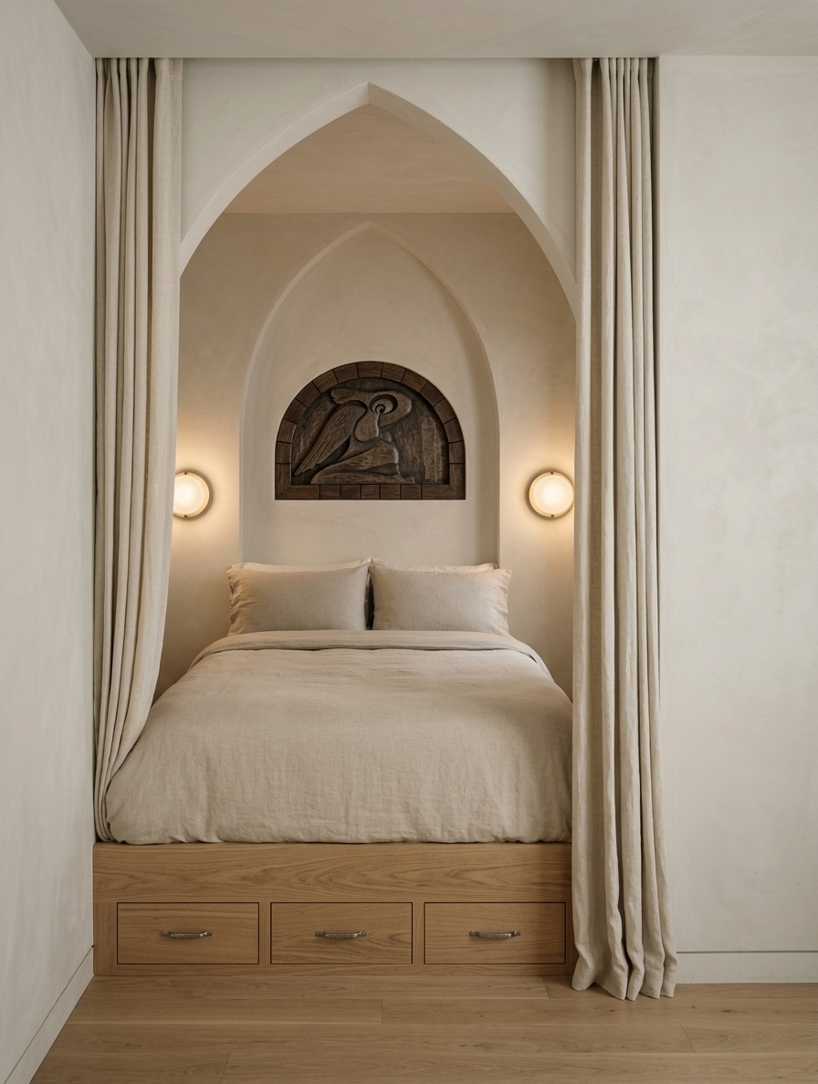 An incredibly lifelike, richly detailed, photorealistic eye-level interior shot of a tranquil bedroom alcove set in a minimalist, monastery-inspired Japanese Zen sanctuary. The scene is illuminated by soft, warm ambient light radiating from circular wall sconces and gentle recessed fixtures, creating a meditative, peaceful atmosphere. Captured with a 35mm architectural lens, emphasizing the tactile textures of matte lime-wash plaster walls, elegant floor-to-ceiling unbleached linen drapery framing a graceful pointed arch, and the refined natural grain of the built-in oak platform bed with discreet storage drawers below. Two neatly arranged pillows and organic cotton bedding lead the eye toward an intimate inner niche featuring a serene, stylized bas-relief artwork, blending sacred asceticism with timeless, uncluttered comfort.