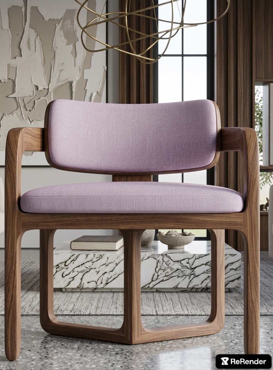 An incredibly lifelike, richly detailed, photorealistic close-up shot of a 90 cm high, modern and elegant dining chair upholstered in a delicate lilac fabric set in a minimalist haven dining room. The scene is illuminated by soft, diffused morning daylight pouring through expansive dark-framed windows complemented by the gentle glow of a sculptural brass chandelier, creating a serene, sophisticated atmosphere. Captured with a professional 85mm prime lens at a shallow depth of field, emphasizing the tactile, woven texture of the soft lilac seat and curved backrest, the organic, satin-smooth walnut wood grain of the sculpted frame, and the polished terrazzo flooring beneath. In the softly blurred background, an exquisite marble plinth displaying curated decorative objects and a large, neutral-toned abstract canvas against vertical dark wood paneling complete this harmonious, high-end interior.