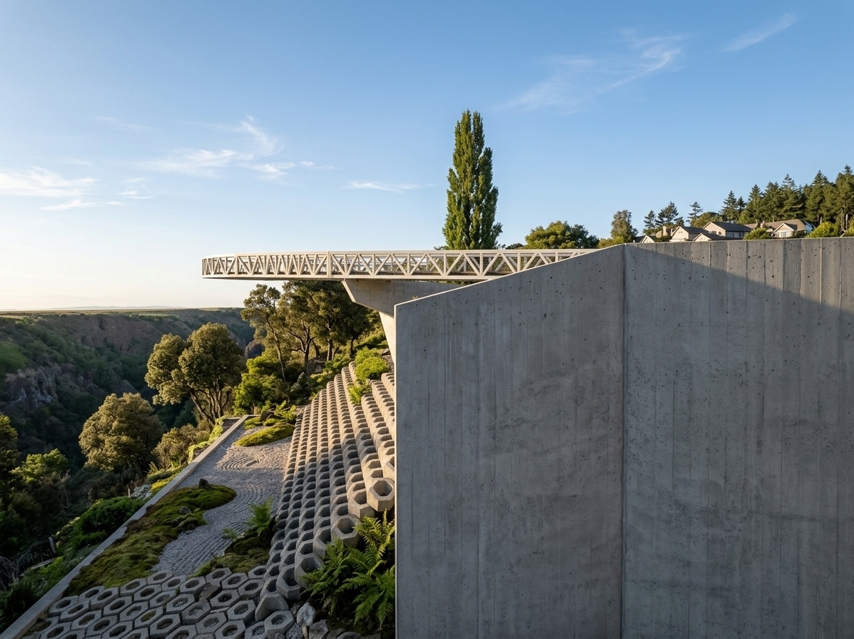 An incredibly lifelike, richly detailed, photorealistic wide-angle exterior shot of a modern curved steel-truss skywalk bridge cantilevered gracefully over a dramatic gorge and terraced landscape, set in a serene digital zen outdoor garden environment. The scene is illuminated by soft, natural afternoon sunlight cutting across the terrain, creating a peaceful, contemplative, and awe-inspiring atmosphere. Captured with a high-end architectural wide-angle lens, emphasizing the intricate latticework of the off-white steel walkway, the coarse aggregate textures of the massive earthy retaining structures, and the structured geometric stone-block embankments nestled against lush green foliage and manicured grassy plateaus beneath an expansive blue sky with wispy cirrus clouds.
