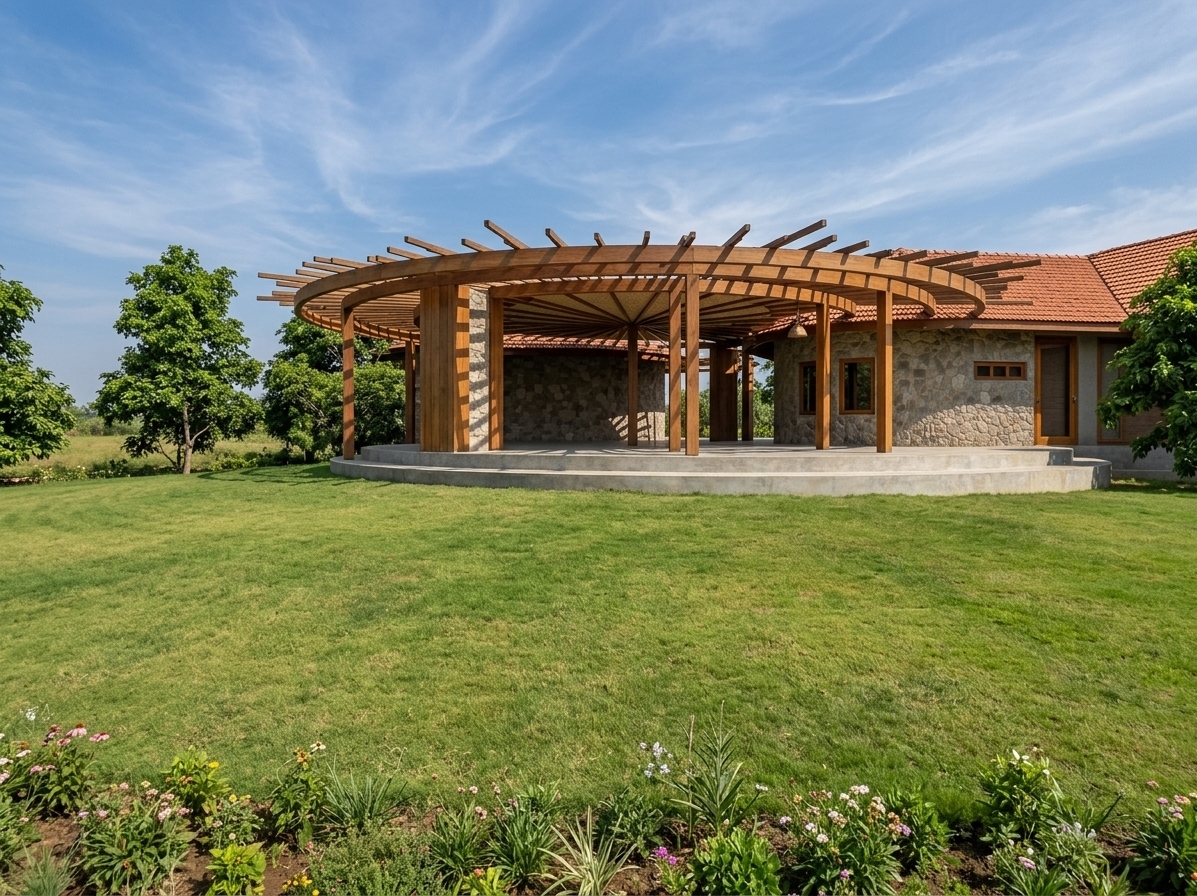 An incredibly lifelike, richly detailed, photorealistic wide-angle exterior shot of a mid-century modern inspired hotel pavilion and open-air lounge set in a lush, rolling green landscape. The scene is illuminated by bright, clear natural daylight that casts intricate, linear geometric shadows beneath the circular timber pergola, creating an inviting, tranquil, and sophisticated atmosphere. Captured with a professional 35mm architectural lens, emphasizing the organic textures of rustic ashlar stone walls, warm teak and walnut-toned structural columns, terracotta roof tiles, and the smooth curve of the polished concrete stepped foundation. Surrounding mature green trees frame the composition against a sweeping blue sky with delicate wispy clouds, blending timeless retro functionality with seamless indoor-outdoor hospitality design.