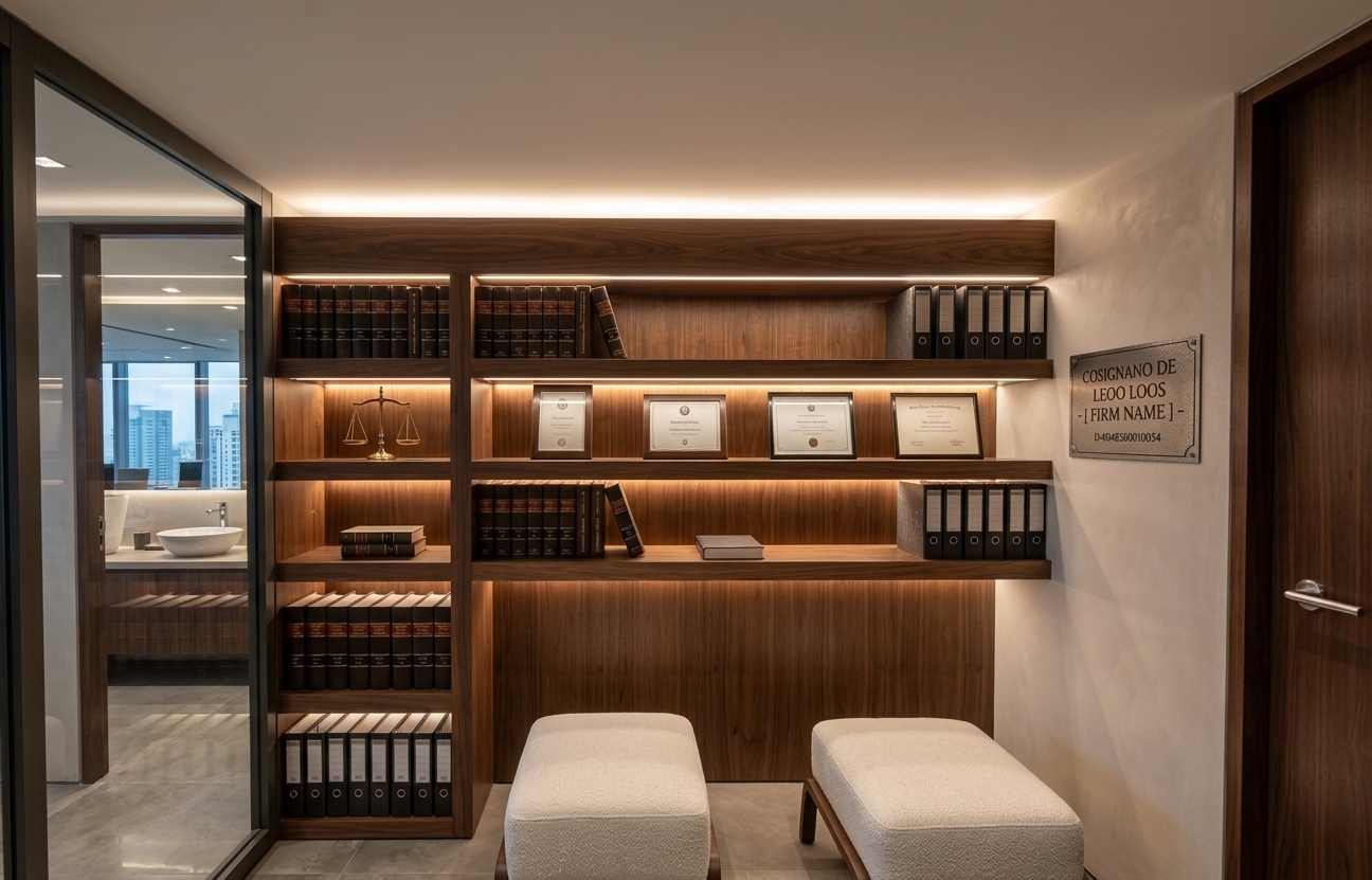 An incredibly lifelike, richly detailed, photorealistic wide interior shot of an elegant executive law office reading nook and waiting alcove set in a high-end modern corporate environment. The scene is illuminated by warm, concealed LED cove lighting integrated seamlessly above and beneath the floating cabinetry, creating a serene, warm, and sophisticated atmosphere. Captured with a high-end architectural wide-angle lens, emphasizing rich dark walnut wood grain textures, polished neutral wall finishes, and soft fabric upholstery. 

The uncluttered, functional space features a custom dark-wood shelving unit that seamlessly frames rows of vintage leather-bound volumes, sleek office binders, and neatly displayed framed credentials alongside a golden brass scale of justice. In the foreground, two minimalist, low-profile ottomans upholstered in textured off-white fabric rest on sleek wooden bases, complementing the streamlined, zen-inspired layout. To the left, a large floor-to-ceiling glass wall framed in matte dark metal adds depth, reflecting the subtle glow of the surrounding office and city ambiance outside.