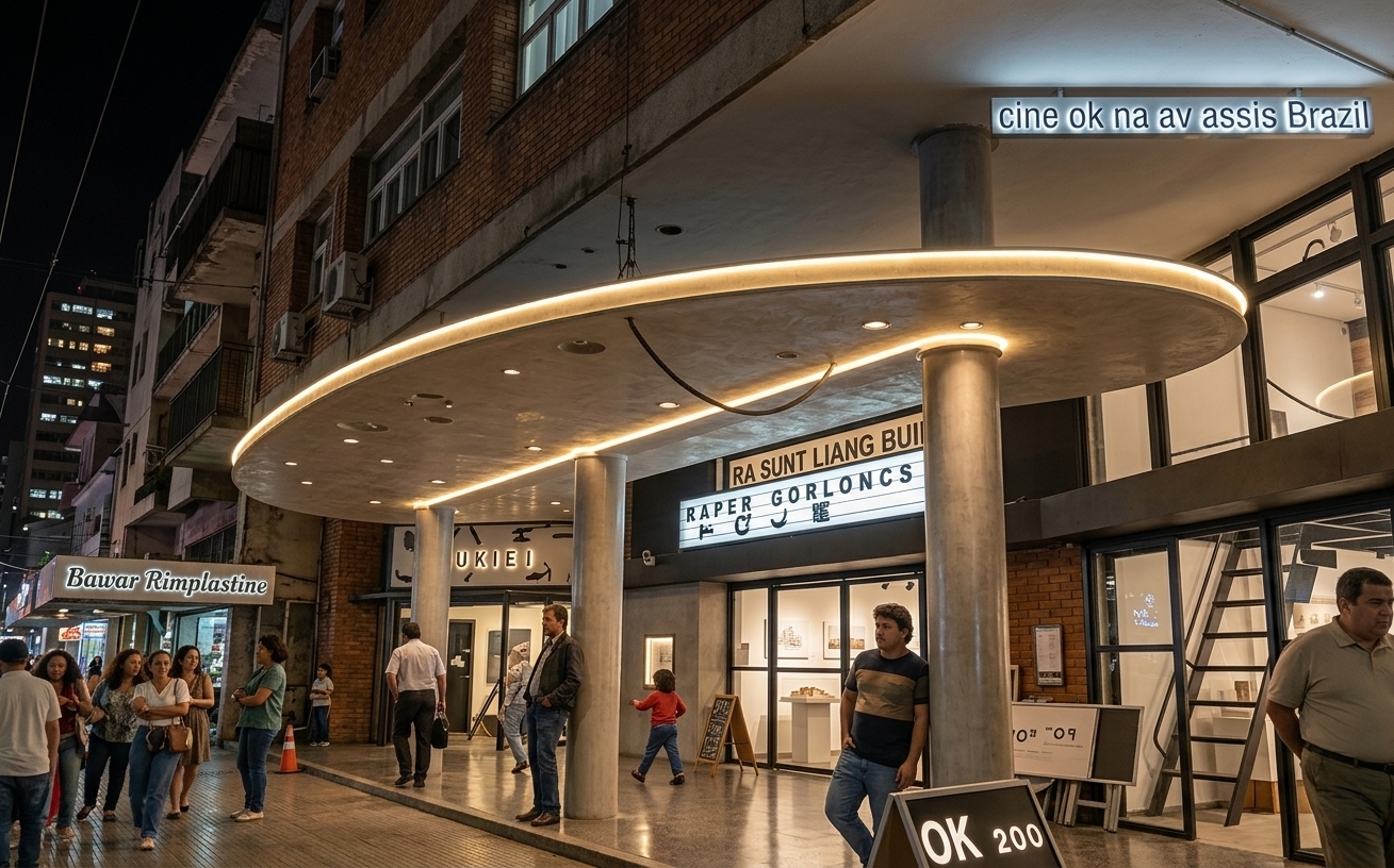An incredibly lifelike, richly detailed, photorealistic wide-angle architectural photo of a reimagined mid-century cinema transformed into a sleek exhibition space and minimalist haven set in a vibrant urban streetscape at night. The scene is illuminated by dramatic architectural uplighting, warm recessed glow beneath the dramatic cantilevered circular canopy, and soft interior gallery illumination, creating an inviting, sophisticated, and cinematic atmosphere. Captured with a medium-format camera and a 24mm tilt-shift lens, emphasizing the sculptural cylindrical columns, polished microcement textures, expansive glass curtain walls framed by dark steel, and the gleaming reflective pavement of the bustling sidewalk below.