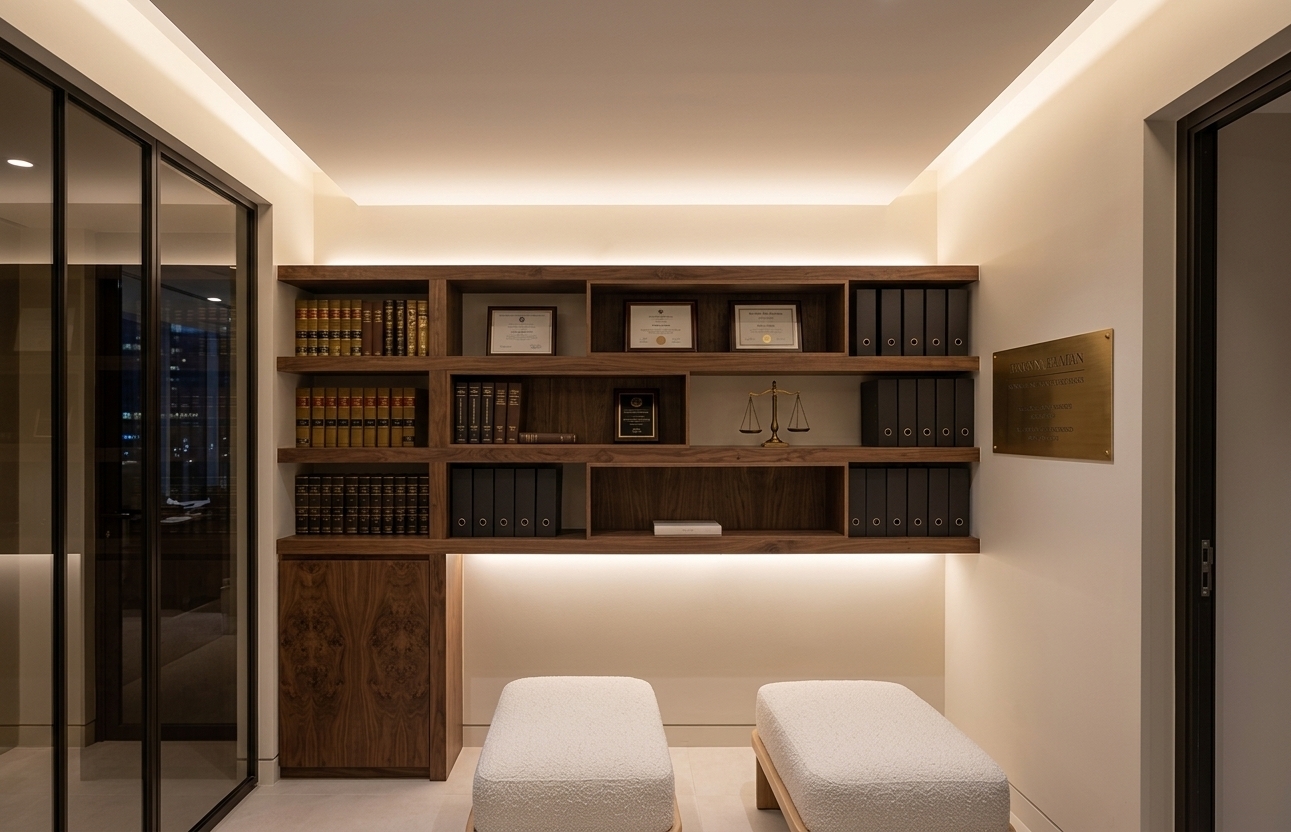 An incredibly lifelike, richly detailed, photorealistic eye-level interior shot of an upscale executive legal lounge and library alcove set in a contemporary urban high-rise office. The scene is illuminated by warm-toned concealed LED cove lighting integrated seamlessly above and beneath the shelving, casting a soft, ambient glow that creates a prestigious, calm, and sophisticated atmosphere. Captured with a professional 35mm architectural tilt-shift lens, emphasizing the deep tactile wood grains, crisp geometric lines, and brushed metallic accents.

Dominating the central composition is a bespoke, built-in shelving unit crafted from rich, dark-stained walnut with natural burled textures. The asymmetrical open shelving houses a curated collection of gold-embossed, leather-bound legal tomes, uniformly organized dark archival binders, elegantly framed certificates and plaques, and a miniature classic brass scale of justice standing out as an iconic focal point. 

Below the floating section of the bookcase, the minimalist cream-toned wall is highlighted by a delicate wash of downlighting. Two contemporary low-profile ottomans, upholstered in a finely textured off-white boucle fabric and set atop subtle natural wood bases, offer an inviting, modern lounge element. To the right, a distinguished brushed-brass plaque with engraved typography is mounted flush against the neutral matte wall, bordered by a dark, modern door frame. On the left, a floor-to-ceiling tinted glass partition with a sleek black-bronze metal frame introduces elegant reflections and provides visual depth into the adjacent office space with city night-lights softly blurred in the background. The spatial balance, precise shadows, and clean material transitions capture the essence of a modern, high-end professional interior.