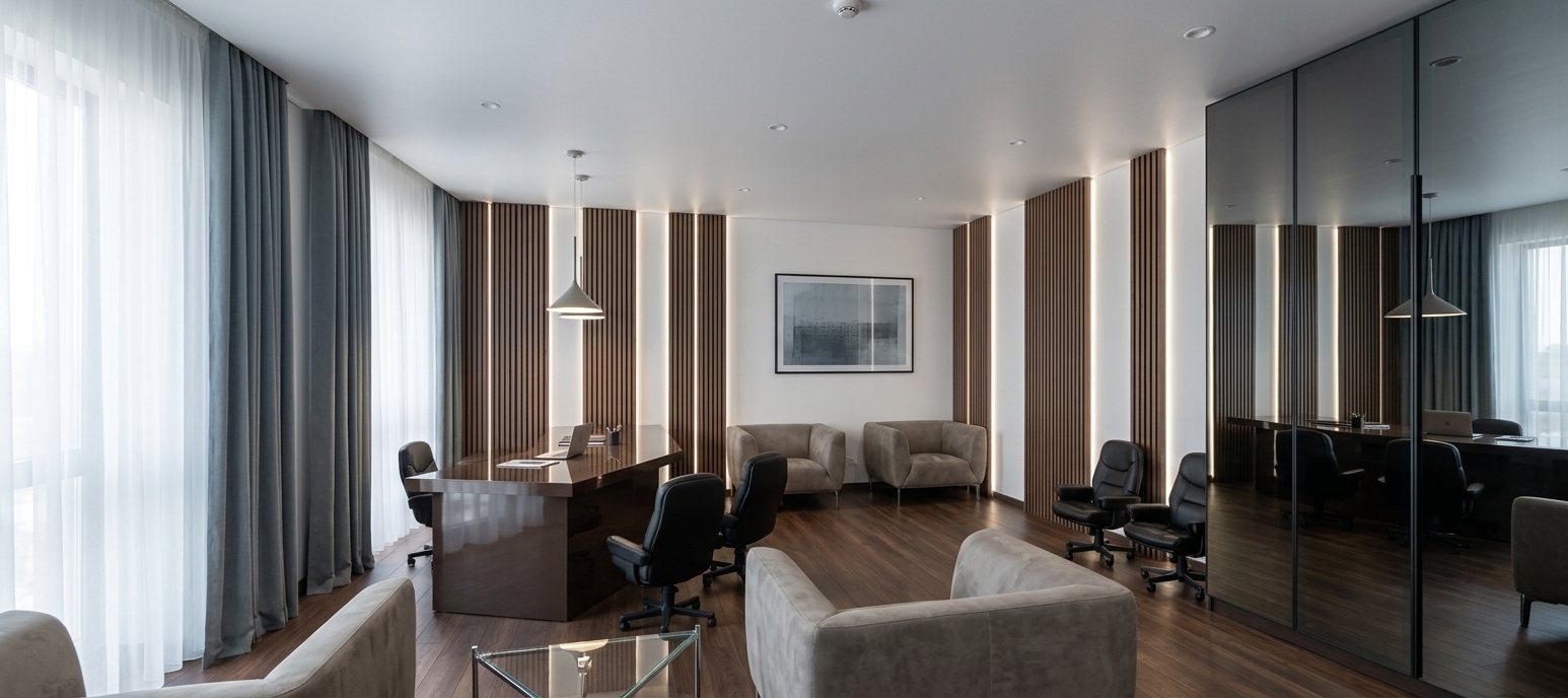 An incredibly lifelike, richly detailed, photorealistic wide-angle interior photograph of a modern executive office suite set in a prestigious corporate setting. The scene is illuminated by soft daylight diffusing through delicate sheer white tulle and warm vertical LED strip accents integrated into the wall paneling, creating an authoritative, serene, and sophisticated atmosphere. Captured with a 24mm architectural lens at eye level, emphasizing the contrast between rich natural wood grains, polished surfaces, and plush upholstery.

The refined interior features rich, chocolate-toned deck parquet flooring running seamlessly beneath a commanding, high-gloss dark brown executive desk that retains its distinctive contemporary geometry, adorned with an ultra-slim laptop and minimalist stationery. Behind and facing the workspace, floor-to-ceiling vertical wood slat accent walls are washed in subtle built-in accent lighting, perfectly framing a clean white accent wall adorned with a framed modern abstract poster echoing the muted grey-blue palette of the floor-length drapery. Ergonomic executive and guest chairs in supple black leather surround the desk beneath a sleek, contemporary pendant light fixture, while the foreground showcases a cozy lounge arrangement of grey-beige suede armchairs centered around a minimalist glass coffee table. Spanning the right wall, a built-in three-door document wardrobe with floor-to-ceiling graphite-tinted mirrored glass doors reflects the room's pristine lines and smooth white ceiling dotted with discrete recessed spotlights.