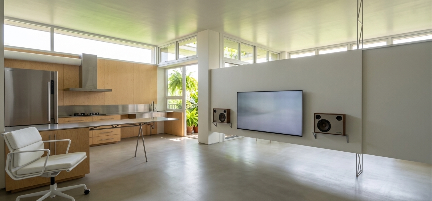 An incredibly lifelike, richly detailed, photorealistic wide-angle interior shot of a sunlit open-plan kitchen and living space set in a modern urban apartment. The scene is illuminated by radiant early summer morning sunlight pouring through expansive clerestory windows and the balcony door, softly bouncing vivid green hues from lush balcony foliage onto the smooth ceiling, creating a refreshing, bright, and invitingly homey atmosphere. Captured with a professional 24mm architectural lens, emphasizing crisp textures, the ultra-slim 5mm brushed stainless steel kitchen counter and floating dining surface gleam gently alongside warm birch plywood cabinetry and smooth microcement floors. The room is impeccably neat and tastefully maintained with a distinct retro-futuristic flair, featuring a sleek floating white partition wall with a mounted flat screen, a minimalist vintage speaker, and a clean white task chair, balancing functional domestic warmth with modern industrial elegance.
