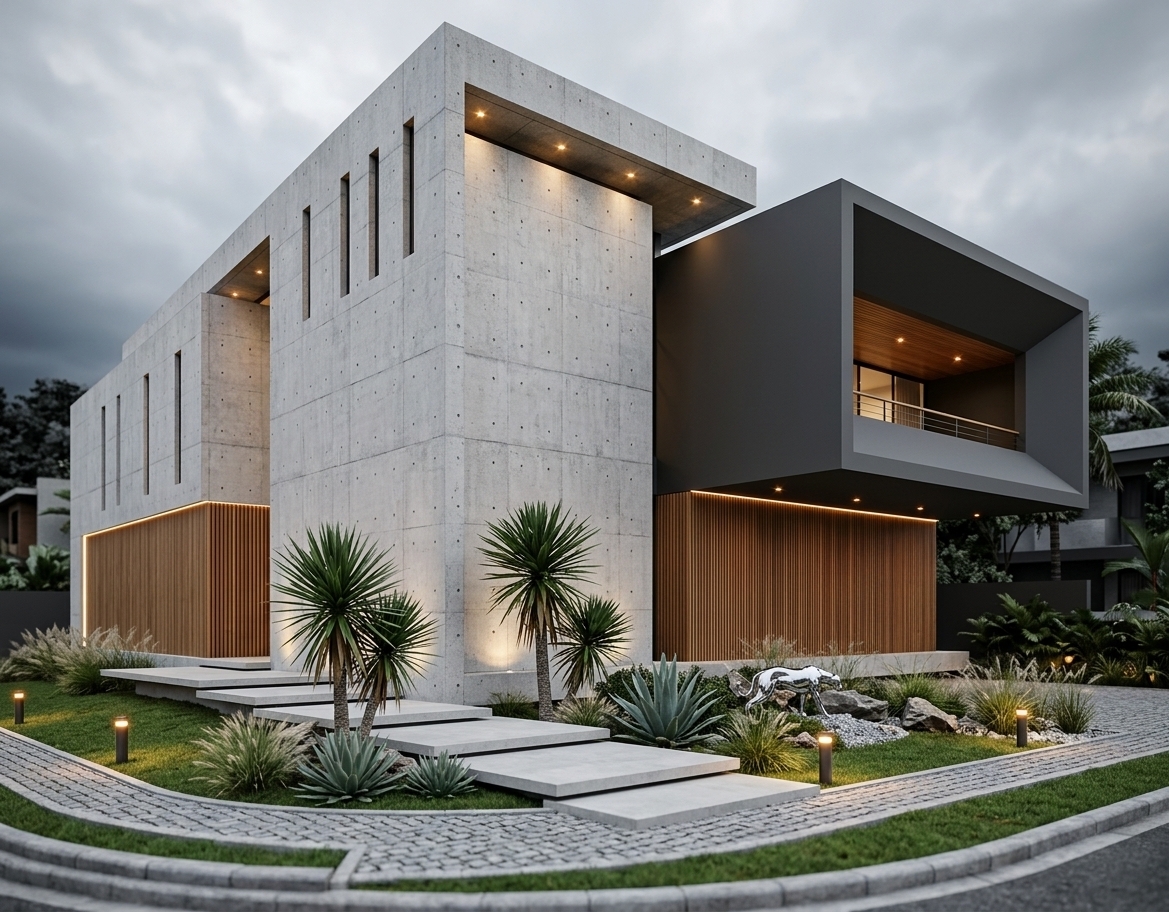 An incredibly lifelike, richly detailed, photorealistic wide-angle exterior shot of a cutting-edge contemporary luxury residence set in a serene, upscale tropical-suburban enclave. The scene is illuminated by soft, diffused overcast daylight seamlessly balanced with glowing warm LED soffit downlights, glowing pathway markers, and crisp linear accent lights, creating an elegant, calm, and sophisticated atmosphere. Captured with a professional architectural tilt-shift lens, emphasizing the tactile textures of exposed board-formed concrete, rich natural wood paneling, and smooth matte charcoal composite finishes.

The architectural composition is defined by a bold juxtaposition of monolithic brutalist forms and gravity-defying cantilevers. On the left, a grand cast-in-place concrete structure rises two stories, showcasing natural imperfections, subtle aggregate variations, and formwork tie-hole details. Its upper level is punctuated by a rhythmic sequence of vertical slit windows framed in dark metal, while the lower facade features vertical slatted warm teak wood paneling that adds organic warmth to the cool stone palette. A dynamic angled concrete fin acts as a structural anchor, framing the illuminated recessed grand entrance marked with minimalist "417" house numbering.

To the right, a massive charcoal-toned geometric volume cantilevers dramatically over a spacious, open-air carport. The underside of this overhang is intricately fitted with recessed geometric light tracks casting crisp, functional illumination over the paved driveway, where a gleaming white sports coupe is parked. The cantilever's upper level houses an intimate recessed balcony lined with warm timber ceilings and low-profile railings, offering a glimpse into the home's uncluttered, minimalist interior spaces.

The foreground features meticulously curated landscape design. Floating wide concrete entry steps are flanked by sculptural yucca palms, agaves, and ornamental grasses. A gentle curving cobblestone curb borders a lush, deep green lawn dotted with warmly glowing mini bollard lights that cast soft pools of light across the walkway. A polished chrome modern animal sculpture rests gracefully within the rockery, completing the property's clean, high-end, and Zen-inspired architectural appeal.