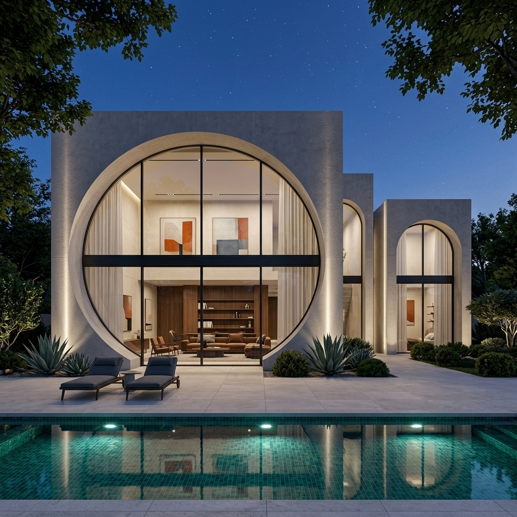 An incredibly lifelike, richly detailed, photorealistic wide-angle exterior architectural photograph of a striking two-story luxury villa set in a private, tranquil residential sanctuary at twilight. The scene is illuminated by warm interior ambient glow, sleek vertical LED architectural accent lighting, and luminous underwater spotlights, creating a serene, sophisticated, and deeply inviting nocturnal atmosphere. Captured with a high-end medium-format camera and a 24mm tilt-shift lens, emphasizing the tactile texture of smooth cast concrete, crisp geometric lines, and the shimmering transparency of the turquoise water.

The villa's facade presents a masterful fusion of organic brutalism and mid-century modern elegance. Its defining feature is a dramatic, sweeping circular cutout crafted from pale, micro-textured limestone-toned concrete that gracefully frames a two-story expanse of floor-to-ceiling glass. A complementary parabolic archway sits to the right, establishing a harmonious, sculptural rhythm across the structure. Recessed linear LED strips wash the textured walls in a soft, vertical illumination that accentuates the pure materiality and clean planar composition.

Through the ultra-clear, slim-profile dark aluminum-framed glazing, the interior reveals a curated mid-century modern living space. Softly diffused by sheer, floor-length linen drapery, the warm-lit rooms showcase an uncluttered, timeless aesthetic with rich walnut and warm teak wood finishes, comfortable low-profile seating, and minimalist built-in shelving. On the interior walls, subtle glimpses of abstract canvas art introduce sophisticated accents of burnt orange, terracotta, and muted slate blues against neutral earth-toned backdrops.

In the foreground, an immaculate swimming pool stretches across the frame, lined with deep emerald-and-cyan mosaic tiles that refract the glowing underwater luminaires and mirror the illuminated architecture above. The surrounding terrace is finished with seamless, large-format stone pavers and furnished with sleek, retro-modern outdoor loungers in muted charcoal upholstery. Thoughtfully layered landscape design—including sculptural desert agaves, manicured shrubs, and leafy overhead trees—softens the bold concrete geometry, seamlessly bridging the gap between indoor living and organic outdoor tranquility beneath a deep indigo, star-dusted evening sky.