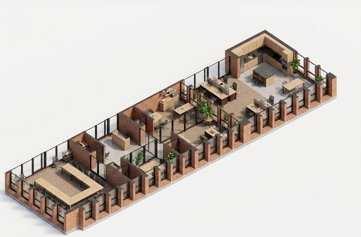 An incredibly lifelike, richly detailed, photorealistic isometric cutaway architectural rendering of a contemporary open-concept corporate office set against a clean, seamless studio backdrop. The scene is illuminated by soft, diffused midday studio lighting with gentle, uniform dispersion, creating a serene, digital zen atmosphere. Captured with a crisp high-resolution isometric lens, emphasizing the tactile textures of warm terracotta exposed brick walls, speckled beige-brown bouclé carpeting, and the natural grain of light oak workstations accented with dark walnut bases. The dollhouse-style cross-section reveals an expansive conference room lined with sleek charcoal mesh chairs with chrome bases, private managerial suites, and collaborative workspaces framed by slim black metal profiles and clear tempered glass partitions, presenting a balanced, warmly industrial corporate environment.