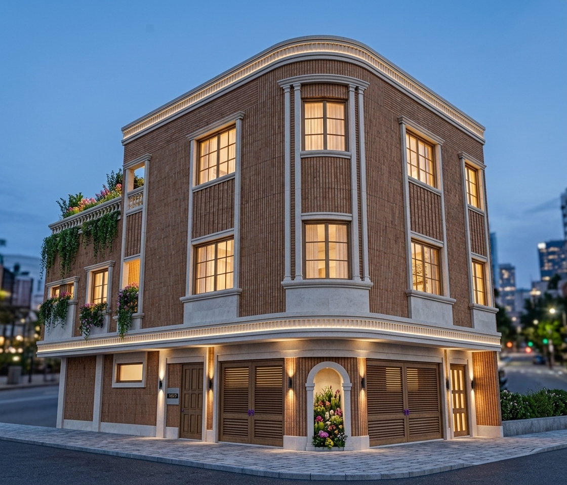 An incredibly lifelike, richly detailed, photorealistic low-angle corner architectural shot of a modern-fusion residential building set on a quiet, upscale urban street corner during a fresh spring evening. The scene is illuminated by dramatic two-way vertical sconces washing over the facade, soft linear cove lighting accentuating the grooved dentil stone cornices above the ground floor and roofline, and warm ambient light glowing through sheer curtains inside the windows, creating a cozy and luxurious night atmosphere. Captured with a professional 35mm tilt-shift architectural lens, emphasizing the rich tactile texture of the warm vertical brick cladding and the crisp, carved details of the off-white classical stone trims. A clean paved pedestrian walkway and dark asphalt driveway wrap around the base, complemented by vibrant spring gardens bursting with blooming flowers beneath the corner arch niche and lower windows, while lush, cascading shrubs and vibrant green plants overflow gracefully from the balustraded upper and lower left terraces.