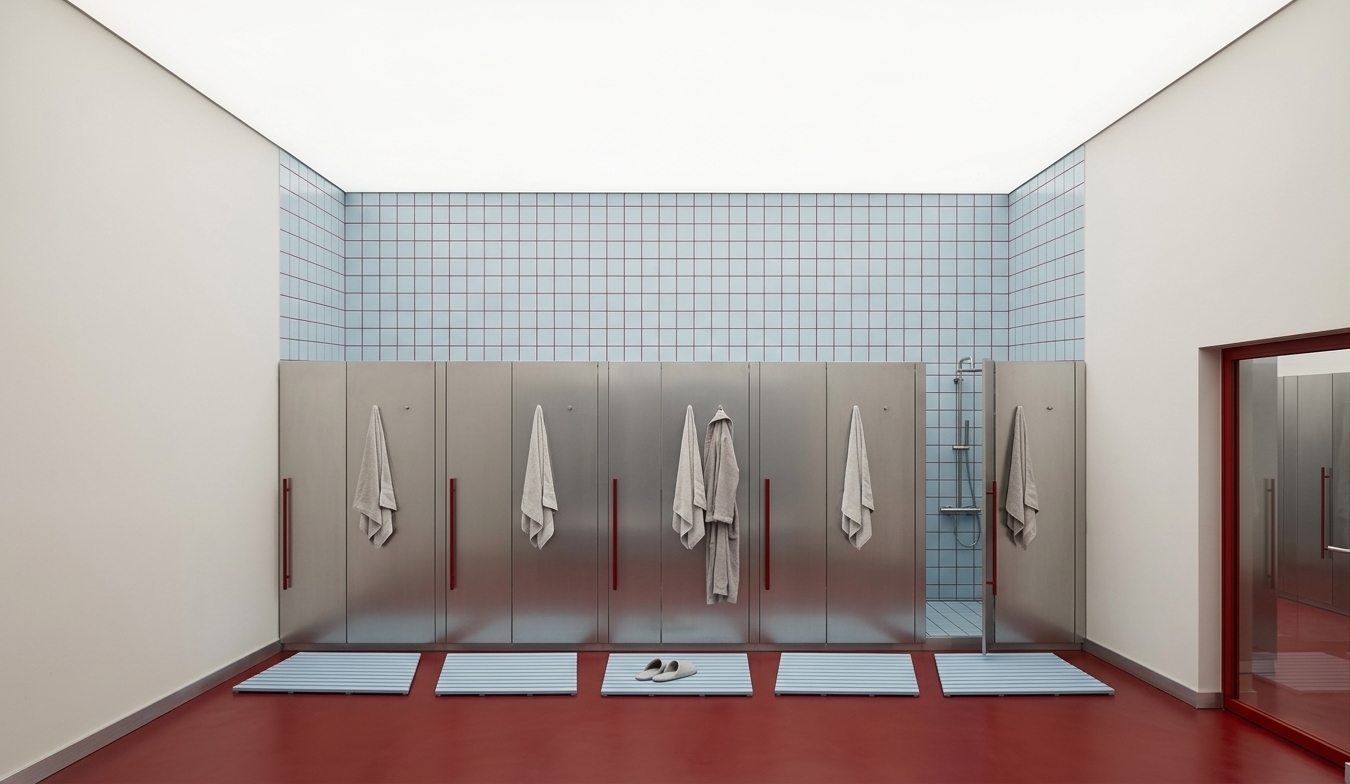 An incredibly lifelike, richly detailed, photorealistic straight-on eye-level interior shot of a sleek, minimalist modern shower and locker facility set in a high-end athletic wellness space. The scene is illuminated by an expansive, uniformly glowing luminous stretch ceiling casting soft, shadowless, diffused neutral light, creating a pristine, serene digital zen atmosphere. Captured with a professional 24mm architectural tilt-shift lens at f/8, emphasizing crisp geometry, brushed metal finishes, and rich color contrasts.

The composition features a streamlined row of brushed matte silver metallic shower cubicles fitted with vertical crimson-red handles and topped with soft textile details—crisp hanging towels and a folded bathrobe suspended from minimalist hooks. In the background alcove, delicate pale blue square ceramic tiles are defined by striking dark red grout lines, framing a visible modern stainless-steel shower fixture. Below, a seamless, deep red poured resin floor exhibits a refined semi-matte finish with gentle ambient reflections, accented by matching powder-blue slatted floor mats aligned precisely before each stall and neatly paired slippers. The clean, off-white side walls are grounded by brushed aluminum baseboards, while a bold red-framed doorway on the right reveals a continuing rhythm of metallic surfaces, completing this immaculately balanced, high-design interior.
