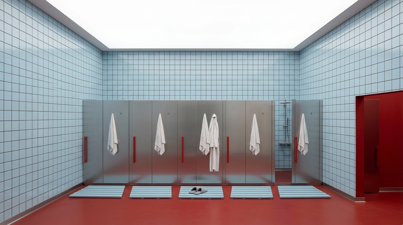 A clean architectural photograph of the minimalist locker room interior captured with a 35mm lens under soft, diffused overhead ceiling panel lighting. The stainless steel shower cubicles feature a non-reflective, matte brushed metal finish with vertical red handles, set against the pale blue grid tile walls. The doorway opening on the right is finished with a bold red inner jamb. The smooth red floor holds light blue duckboards with subtle contact shadows, while hanging white cotton towels show authentic woven texture and gentle drape folds, rendered with crisp geometric alignment and natural photographic grain.