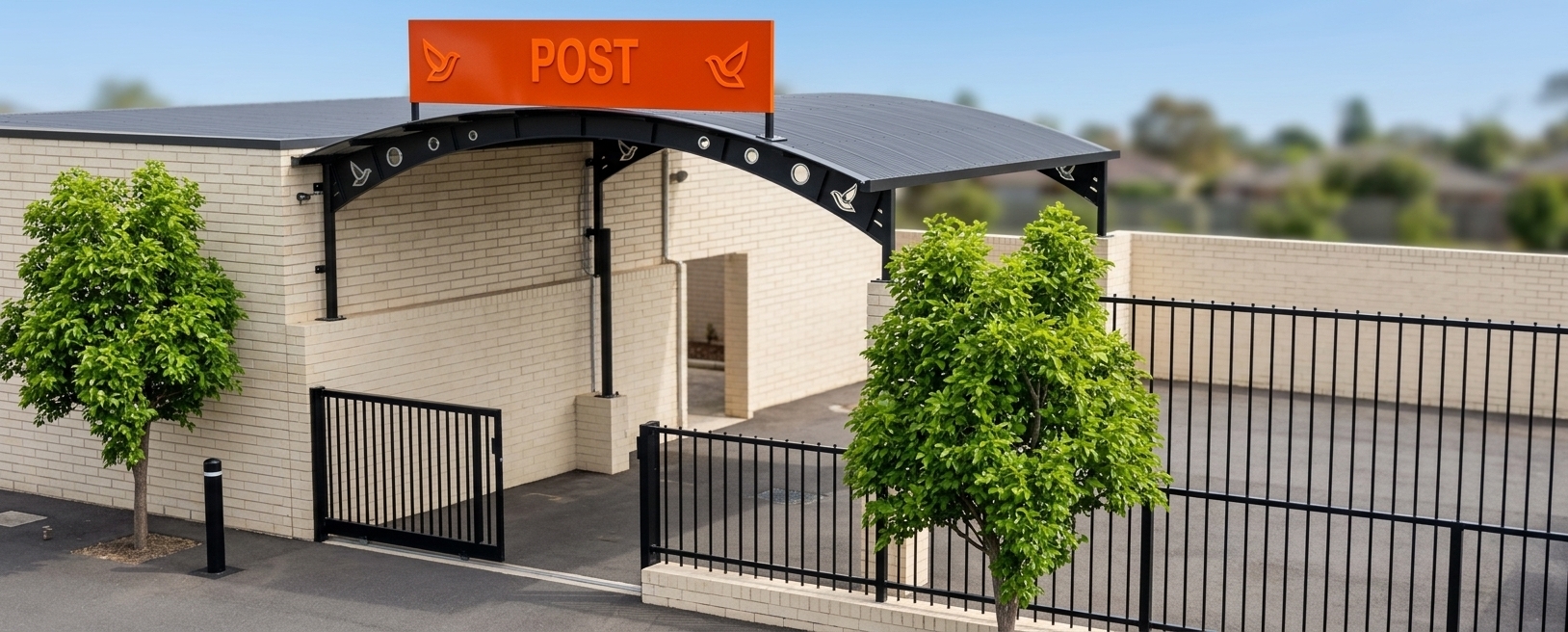 An incredibly lifelike, richly detailed, photorealistic wide-angle exterior architectural photo of a contemporary postal station entrance set in a refined outdoor garden compound. The scene is illuminated by clear, natural daylight with subtle, soft-edged shadows, creating an inviting, orderly, and modern atmosphere. Captured with a 35mm architectural tilt-shift lens, emphasizing the tactile relief of the cream-toned brick facade, the sleek matte-black finish of the laser-cut arched truss canopy, and the vivid, high-gloss vibrancy of the bold orange "POST" signage flanked by blue bird emblems. Fresh, detailed leafy trees frame the composition, balancing the clean geometry of the black security gates, vertical iron fencing, and smooth asphalt driveway to establish a polished, minimalist institutional haven.