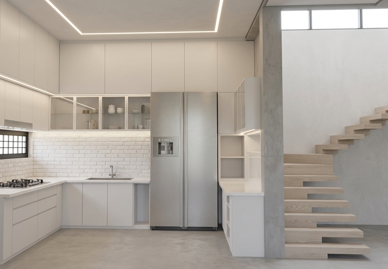An incredibly lifelike, richly detailed, photorealistic wide-angle interior shot of a minimalist kitchen with an adjacent open-riser staircase set in a serene contemporary sanctuary. The scene is illuminated by soft, diffused natural daylight streaming through clerestory windows complemented by subtle, warm linear LED cove and under-cabinet lighting, creating a tranquil and harmonious digital zen atmosphere. Captured with a professional full-frame camera and a 24mm tilt-shift lens, emphasizing the ultra-clean textures of seamless matte-white cabinetry, polished white quartz countertops, delicate whitewashed brick accent walls, and smooth micro-cement flooring. The brushed stainless-steel smart refrigerator stands flush between the crisp vertical cabinetry, while the floating cantilevered stairs ascend gracefully to the right, adding architectural weightlessness and pristine balance to this uncluttered, tranquil culinary space.