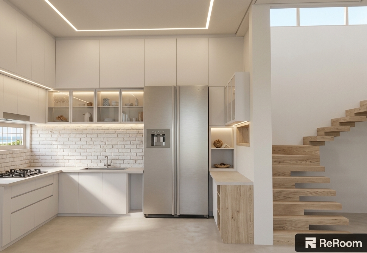 An incredibly lifelike, richly detailed, photorealistic wide-angle interior shot of a modern coastal kitchen and adjacent floating staircase set in an airy, sunlit beachside villa. The scene is illuminated by gentle, sun-kissed daylight streaming through upper clerestory windows paired with warm integrated linear LED ceiling strips and soft under-cabinet lighting, creating a fresh, relaxed, and inviting atmosphere. Captured with a professional full-frame camera using a 24mm tilt-shift lens, emphasizing the matte white handleless cabinetry, the tactile whitewashed brick backsplash, and the subtle sheen of the brushed stainless steel refrigerator. Pale sandy neutrals seamlessly merge with the smooth micro-cement flooring, while the floating light-oak staircase introduces organic, driftwood-inspired warmth, perfectly complementing the uncluttered surfaces and effortlessly breezy coastal design.