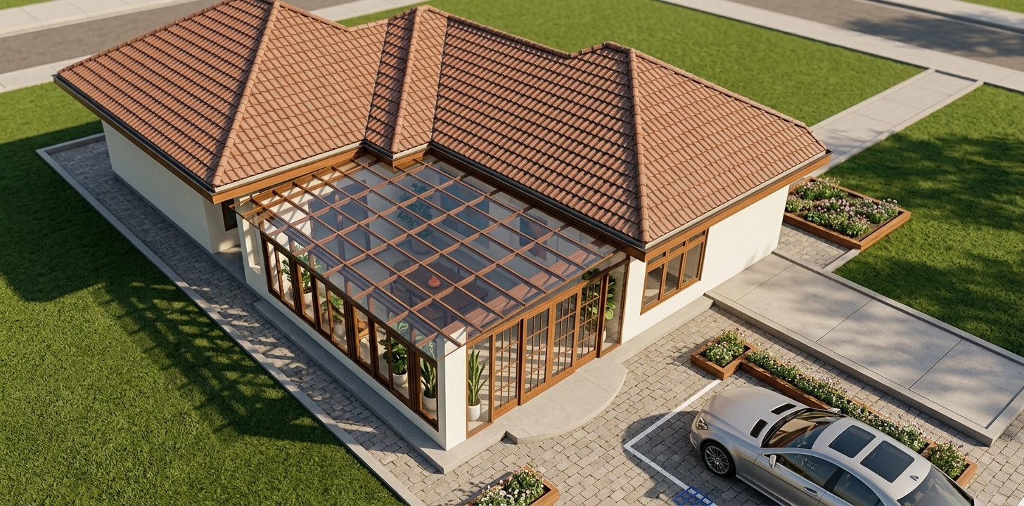 An incredibly lifelike, richly detailed, photorealistic elevated architectural shot of a sleek mid-century modern single-story residence set in a serene, landscaped suburban environment. The scene is illuminated by crisp, warm afternoon sunlight casting gentle linear shadows across the paved driveway and manicured lawn, creating an inviting and timeless atmosphere. Captured with a high-end tilt-shift lens, emphasizing the clean architectural lines, rich wood grain framing, and pristine transparent glass reflections.

The exterior showcases textured terracotta hip-roof tiles set against smooth, clean off-white stucco facade walls. A prominent feature is the sleek, modern glass conservatory addition, framed in rich teak-toned timber with expansive multi-fold glass doors and a glass pergola roof that floods the area with natural light. Through the clear glazing, the uncluttered interior hints at iconic mid-century decor with walnut wood furniture, vibrant abstract wall art in shades of muted blues and burnt oranges, and lush indoor potted greenery. The surrounding grounds feature pristine interlocking stone pavers, minimalist raised planting beds, a clean parking bay, and a seamless expanse of lush green grass, creating an effortlessly balanced blend of retro charm and modern sophistication.
