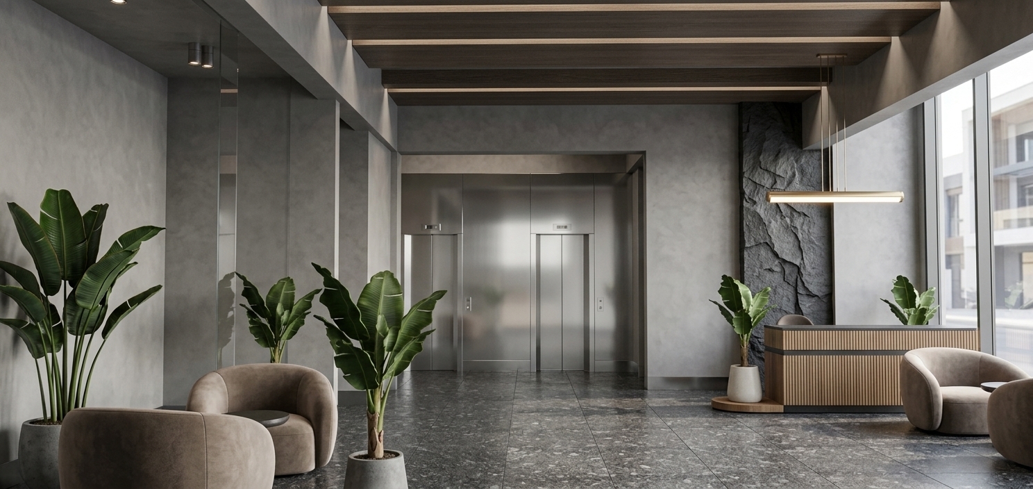 An incredibly lifelike, richly detailed, photorealistic wide-angle eye-level shot of a luxury residential apartment lobby set in an upscale contemporary development. The scene is illuminated by gentle, diffused midday spring daylight pouring in from expansive windows situated directly opposite the elevators out of frame, creating a serene, balanced, and meditative Japanese Zen atmosphere. Captured with a full-frame 24mm architectural tilt-shift lens, emphasizing the smooth tactile surface of the seamless grey microcement walls, the rugged cleft texture of the charcoal basalt stone feature wall behind the reception desk, and the subtle crystalline flecks of the dark patterned River Ward grey granite floor. Symmetrically positioned at the center, dual elevator doors in a pristine brushed chrome finish reflect the ambient front light, while the false ceiling's linear beams seamlessly align with the vertical architectural geometry. To the right, the reception desk combines warm timber slats with a honed dark counter beneath a minimalist Japandi horizontal pendant fixture. Cozy, rounded accent armchairs upholstered in plush taupe fabric offer warm tactile comfort in the lounge corners, complemented by lush broadleaf indoor plants in sculptural pots that infuse vibrant natural energy into this tranquil, masterfully balanced interior.