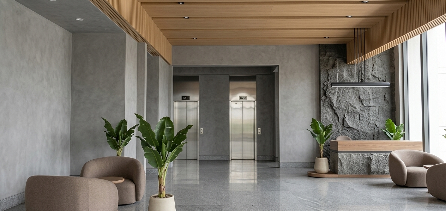 An incredibly lifelike, richly detailed, photorealistic wide-angle interior shot of a luxurious residential apartment lobby set in an upscale Japanese Zen-inspired contemporary development. The scene is illuminated by bright, diffused midday spring sunlight flooding in from large foreground windows positioned opposite the elevators, creating a serene, airy, and deeply calming atmosphere. Captured with a professional 24mm tilt-shift architectural lens, emphasizing the tactile contrasts between refined industrial finishes and natural organic textures. The expansive walls are finished in a seamless, velvety grey microcement with flush-integrated secret doors, complemented by a dramatic rough-hewn basalt feature stone wall behind the sleek wood-and-stone reception desk. Continuous architectural grooves effortlessly transition from the ribbed false ceiling into the adjacent vertical wall details, harmonizing with a minimalist, black Japandi-style suspended linear light fixture. Two dual elevator doors in a pristine brushed chrome finish exhibit soft specular reflections across the floor, which is paved in deeply textured, river-washed grey granite slabs. Inviting, curvilinear lounge armchairs in warm taupe upholstery bring a soft, comforting warmth to the space, balanced by lush broadleaf indoor plants set in artisanal ceramic pots that introduce a tranquil, biophilic elegance to the composition.