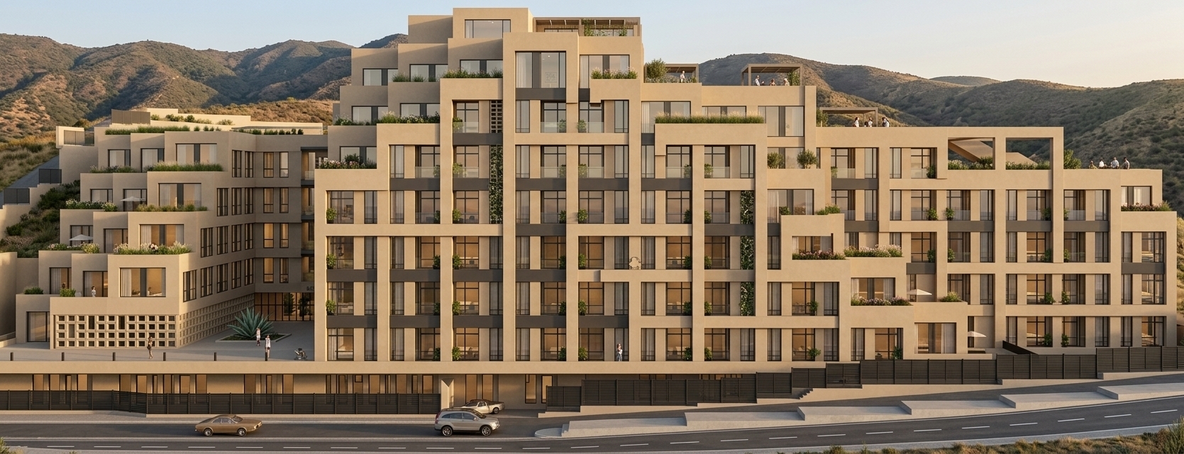 An incredibly lifelike, richly detailed, photorealistic wide-angle exterior architectural rendering of a sophisticated, terraced elderly living retreat set against a picturesque mountainous landscape. The scene is illuminated by the soft, warm golden glow of late-afternoon sunlight paired with inviting interior lighting visible through expansive windows, creating a serene, warm, and luxurious residential atmosphere. Captured with a professional 35mm tilt-shift architectural lens, emphasizing the smooth, refined texture of warm sand-colored microcement, sleek dark charcoal-gray window mullions, and crystal-clear reflective glass. The building’s distinctive stepped geometric massing cascades gracefully down the hillside, where every terrace is transformed into a lush private sanctuary featuring manicured planters, climbing greenery, minimalist pergolas, and elegant outdoor lounge furniture. Small, natural groupings of residents enjoy the tranquil outdoor spaces, while the street level features clean paved finishes, discreet security fencing, modern vehicles, and ambient landscape lights, perfectly blending biophilic mountain architecture with upscale, human-centered community living.