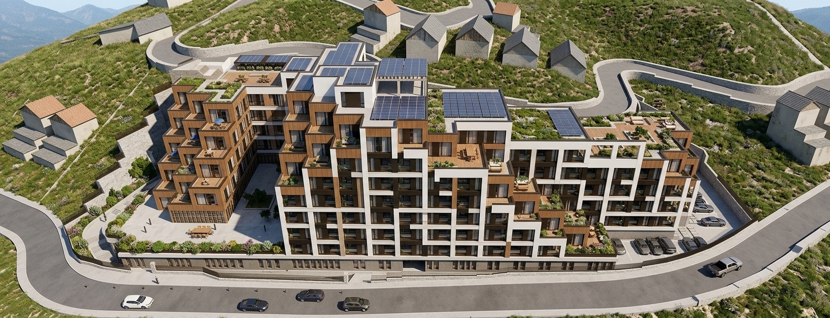 An incredibly lifelike, richly detailed, photorealistic high-angle architectural photograph of a contemporary terraced residential complex set in a dynamic urban hillside environment. The scene is illuminated by bright midday sunlight casting sharp, clean shadows across the modular levels, creating a sleek and sophisticated modern atmosphere. Captured with a high-resolution full-frame camera using a sharp wide-angle lens, emphasizing the rich contrast between warm wooden facade panels, dark metallic frames, crisp white accents, and smooth concrete plazas. Cascading green rooftops, lush landscaped terraces, and integrated solar arrays bring an eco-conscious balance to the bold, geometric design, seamlessly blending urban luxury with tranquil outdoor garden elements.