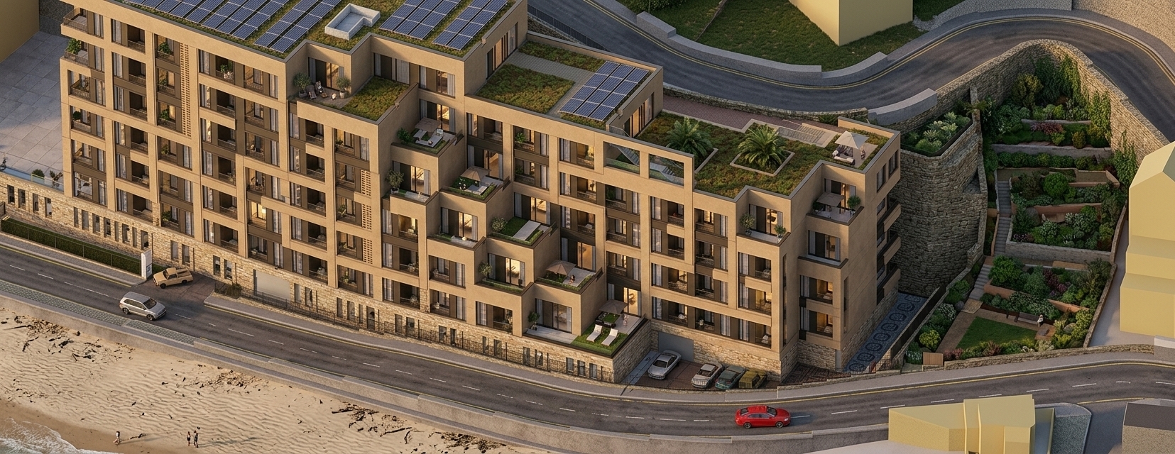 A photorealistic high-angle architectural photograph capturing the exact multi-tiered residential building and surrounding roadway from the reference image, rendered with refined contemporary materials and rich natural textures. The stepped facade is finished in warm sand-colored microcement and natural stone cladding, accented with matte charcoal-gray window frames and realistic glass exhibiting soft mountain sky reflections and warm interior glows. Terraces, balconies, and rooftop gardens feature lush, manicured greenery, small potted trees, contemporary outdoor lounge furniture, and subtle integrated terrace lighting. The street and retaining walls display authentic asphalt and stone masonry textures, populated by realistically detailed cars. Soft golden-hour sunlight casts gentle, elongated shadows across the volumes, paired with a crisp depth of field, balanced exposure, and subtle atmospheric perspective typical of high-end architectural photography.