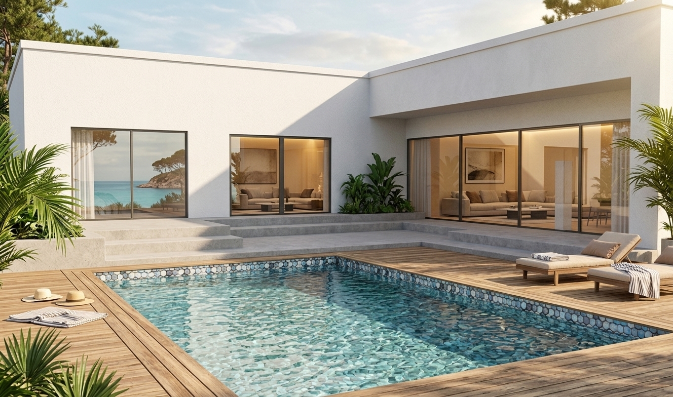 An incredibly lifelike, richly detailed, photorealistic wide-angle architectural shot of a modern luxury pool villa set in a serene coastal resort environment. The scene is illuminated by bright, golden afternoon sunlight casting gentle geometric shadows, creating a sophisticated and relaxing vacation atmosphere filled with a refreshing coastal breeze. Captured with a high-end 24mm architectural lens, emphasizing the tactile texture of the crisp white stucco walls, the natural grain of the tiered teak wood decking, and the glistening turquoise water with shimmering mosaic pool tiles. Through the expansive floor-to-ceiling glass doors, a fully styled, chic modern living room is warmly visible with plush designer sofas and soft interior accent lighting, while the outdoor deck is enriched with cozy sun loungers, folded linen towels, and lush tropical palms and verdant foliage framing the property against a soft sky.