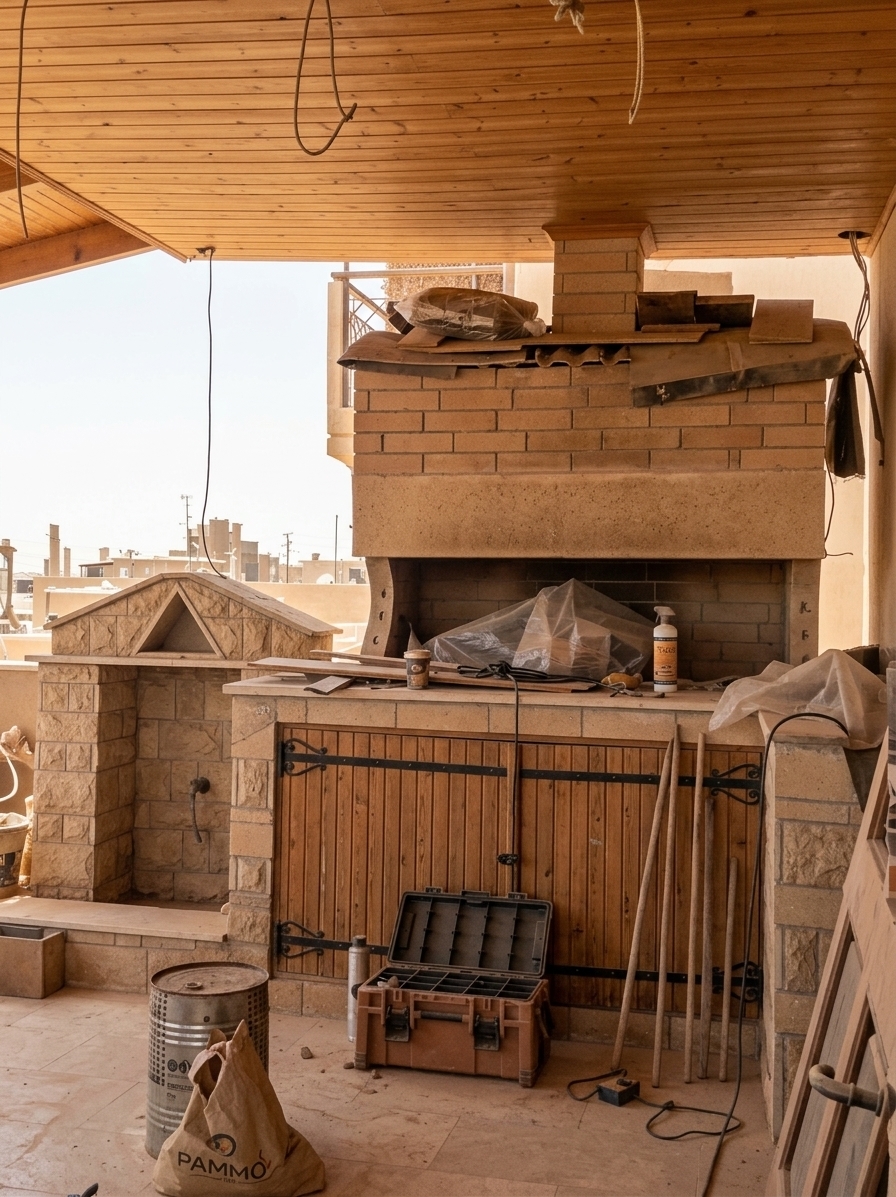 An incredibly lifelike, richly detailed, photorealistic eye-level architectural shot of a covered outdoor terrace and cooking hearth set in a warm, arid desert retreat. The scene is illuminated by bright, sun-drenched natural daylight softly diffusing beneath a warm cedar wood ceiling, creating a tranquil, simplistic, and earthy atmosphere. Captured with a high-resolution 35mm lens, emphasizing the raw, tactile textures of sand-colored masonry, terracotta-coated brickwork, and finely grained rustic timber cabinetry with black wrought-iron hardware. The architectural composition centers on the built-in outdoor brick fireplace and adjacent stone-clad gabled alcove, surrounded by pared-down surfaces, neutral beige stone flooring, and subtle desert-inspired elements in shades of terracotta, sand, and warm earth, framing an open urban-desert backdrop under a clear, sunlit sky.