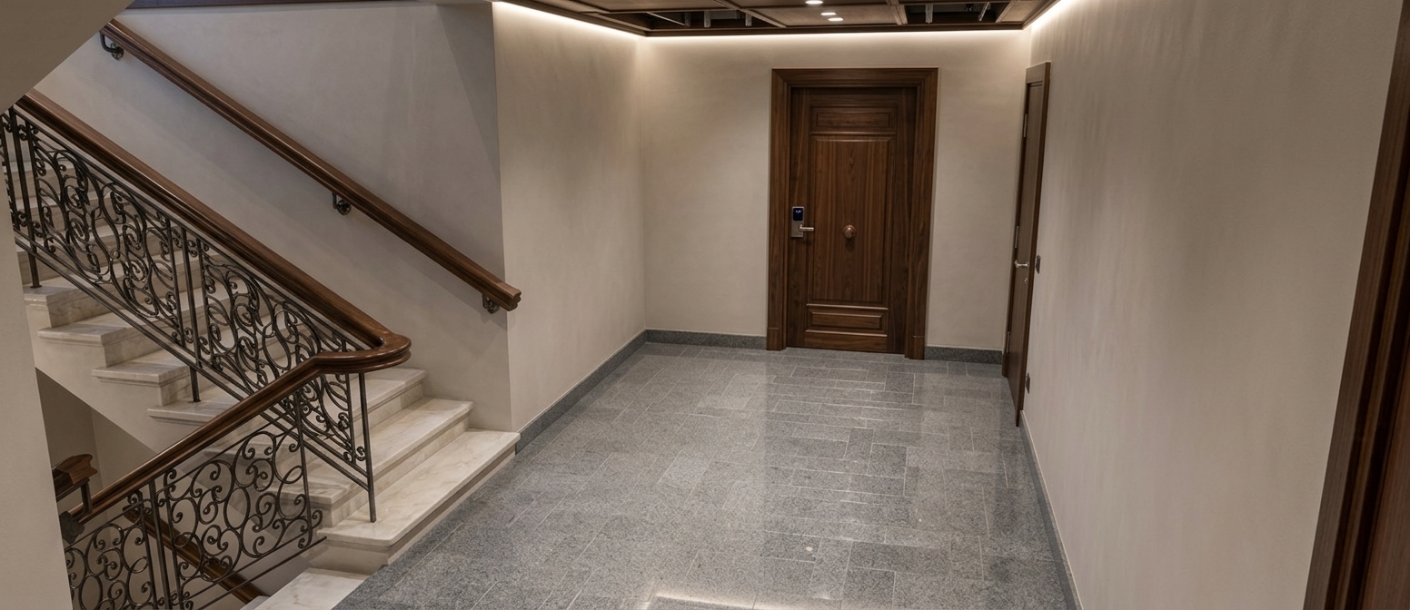 An incredibly lifelike, richly detailed, photorealistic wide-angle interior shot of an upscale residential corridor and staircase landing set in a luxurious contemporary building. The scene is illuminated by warm, diffused recessed ceiling lights and soft ambient illumination, creating an elegant, quiet, and sophisticated atmosphere. Captured with a 24mm architectural tilt-shift lens, emphasizing the rich textures of natural stone, polished woodwork, and intricate metal craftsmanship. The expansive floor is paved with meticulously laid, large-format grey granite tiles boasting subtle reflections, seamlessly complementing the descending staircase crafted from smooth, lightly veined white marble. Delicate, custom wrought-iron balustrades showcasing intricate classical scrollwork support a curved, polished dark walnut handrail that gracefully contours the stairwell. Softly finished neutral walls enhance the clean lines of the space, framing rich, flush-mounted dark wood doors fitted with brushed metallic hardware and secure digital lock systems. Masterful rendering of soft contact shadows, natural light falloff, and delicate specular glints on the varnished wood and ironwork elevates the scene into a breathtakingly realistic, high-end architectural space.