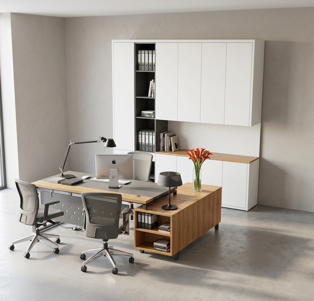 A crisp architectural photograph of the modern executive office arrangement under bright, natural midday lighting, preserving the exact geometry, perspective, and composition. The scene features realistic material physics: fine wood grain on the desk surfaces and side unit, smooth matte white cabinetry, realistic reflections on the computer monitor, detailed mesh textures on the office chairs, and clear glass for the flower vase. Diffuse daylight creates soft, authentic contact shadows and subtle highlights across the furniture surfaces, producing a clean, photorealistic interior capture with accurate colors and balanced exposure.