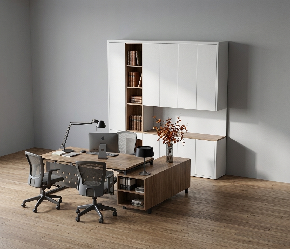 Architectural interior photograph of the modern executive office suite, captured with a sharp 50mm lens under crisp, neutral 5500K midday sunlight. The exact layout and geometry are preserved, rendering realistic matte white cabinetry with fine seam lines, warm natural oak wood grain on the desk surfaces, and textured black mesh office chairs with subtle fabric weave. High-angle daylight casts soft, defined contact shadows beneath the furniture, complementing the sleek metallic finishes of the computer and the black metal task lamp. Finely balanced global illumination captures subtle desktop reflections, delicate glass highlights on the flower vase, and authentic micro-textures across all surfaces.