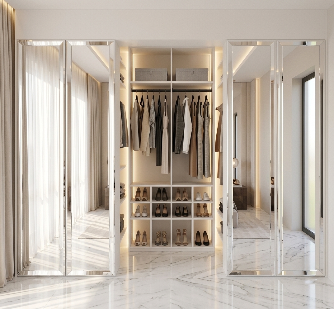 An incredibly lifelike, richly detailed, photorealistic eye-level interior shot of a bespoke contemporary walk-in wardrobe set in a sunlit master bedroom. The scene is illuminated by bright, natural summer midday sunlight pouring through a nearby window, balanced by soft, integrated warm LED perimeter strip lighting that frames the cabinetry, creating an inviting, bright, and luxurious atmosphere. Captured with a 35mm architectural lens at f/8, emphasizing crisp beveled glass reflections, smooth laminated finishes, and exquisite interior organization. 

The custom-built cabinetry is crafted from pristine matte "Nymphaea Alba" white chipboard, showcasing clean vertical lines and sophisticated proportions. On the upper hanging rails, a curated collection of designer garments hangs neatly on uniform hangers, while the flanking open side shelves hold precisely folded apparel and minimalist storage boxes. The lower central grid is elegantly styled with rows of clean footwear. Flanking the wardrobe, tall facade doors fitted with full-length mirrors and refined 25mm beveled facet edges catch radiant highlights, reflecting the soft, flowing sheer window curtains and the expansive bedroom interior. Below, high-gloss polished white marble flooring with delicate, subtle grey veining grounds the entire composition in effortless contemporary elegance.