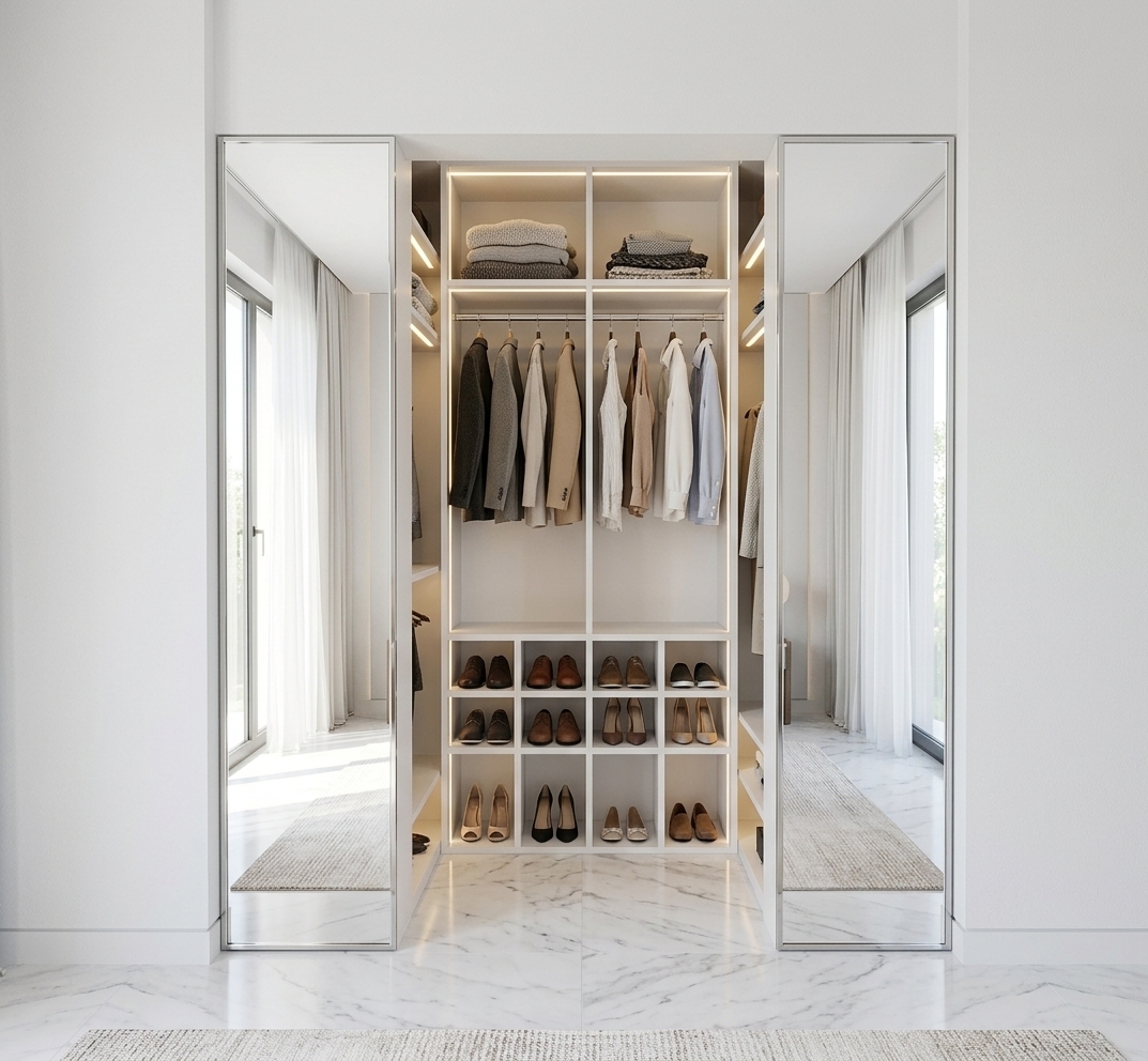 An incredibly lifelike, richly detailed, photorealistic eye-level interior shot of a bespoke walk-in wardrobe niche set in an elegant contemporary master bedroom. The scene is illuminated by brilliant, natural midday summer daylight pouring in from an opposite window, beautifully accented by warm, integrated LED strip lighting tracing the inner perimeter and shelving, creating a sophisticated and luminous atmosphere. Captured with a wide-angle 24mm architectural lens, emphasizing the ultra-smooth, matte white texture of the Nymphaea Alba laminated panels, crystal-clear mirror reflections, and the polished sheen of the white Carrara marble floor with delicate grey veining.

Inside the impeccably organized wardrobe, neatly arranged garments hang on slim metal rods above, while plush knitwear and accessories rest on the open side shelves. The lower central grid is filled with an organized collection of designer shoes. Flanking the entrance, the full-height mirrored facades capture crisp, distorted-free reflections of the airy bedroom window dressed in flowing sheer drapes, seamlessly blending functionality with refined modern luxury.
