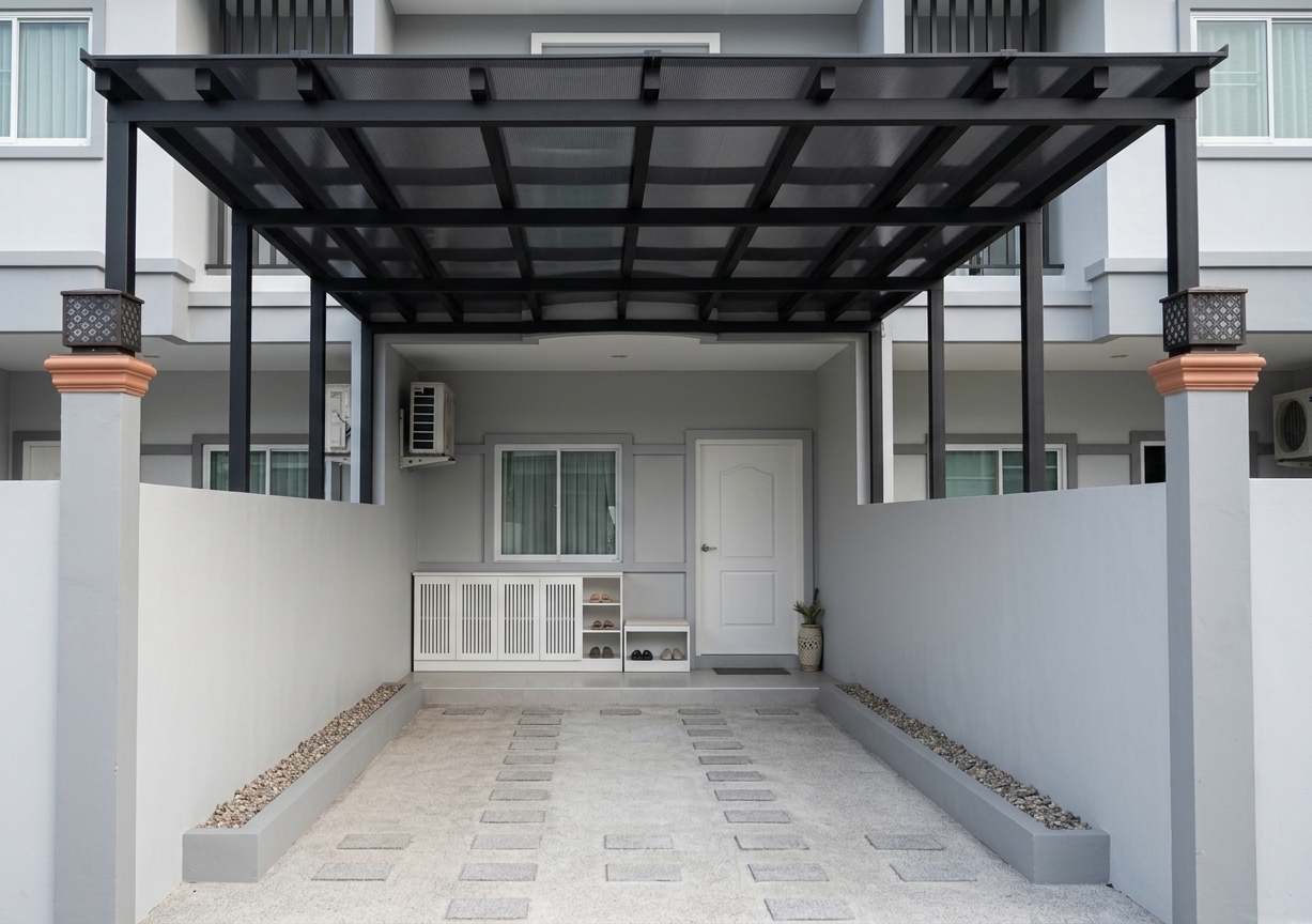 An incredibly lifelike, richly detailed, photorealistic eye-level wide shot of a modern residential carport and entrance patio set in a tranquil suburban neighborhood. The scene is illuminated by soft, natural daylight filtering through the overhead canopy, creating a serene, minimalist atmosphere. Captured with a professional full-frame camera and a 24mm architectural lens, emphasizing clean geometric lines and refined material contrasts. 

The durable overhead structure features sleek matte-black steel framing supporting a dark grey solid polycarbonate roof that casts gentle, ambient shade across the space. The boundary and facade surfaces are coated in a clean, smooth light gray paint finish with a subtle matte texture. Flanking the paved driveway, the elongated built-in planter boxes are rendered in a matching light gray concrete finish, filled with textured decorative gravel beds. At the elevated entrance porch, a bespoke shoe cabinet in a pristine white wood finish sits harmoniously beneath the framed window beside the paneled white front door, completing this sophisticated and functional minimalist haven.