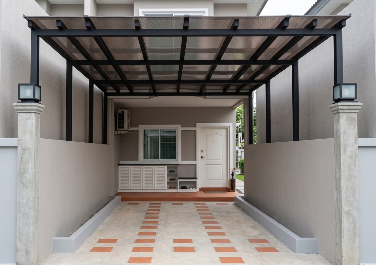 An incredibly lifelike, richly detailed, photorealistic eye-level shot of a modern minimalist residential carport and entrance porch set in a serene urban neighborhood. The scene is illuminated by soft, natural daylight filtering through the tinted smoked polycarbonate canopy, creating a calm and tranquil digital zen atmosphere. Captured with a 35mm architectural wide-angle lens, emphasizing clean geometric lines and contrasting textures, the view features a sleek matte black steel pergola supported by concrete pillars topped with modern exterior cube lanterns. 

The driveway floor exhibits a smooth bare poured-concrete finish inset with warm terracotta pavers arranged in linear pathways. Flanking the driveway, the low planter curbs are rendered in a sleek light grey painted finish that seamlessly harmonizes with the surrounding neutral boundary walls. On the slightly elevated front porch, matching warm terracotta tiles lead to a classic white entry door and framed window, complemented by a neatly designed shoe cabinet finished in elegant crisp white wood with dark accents.