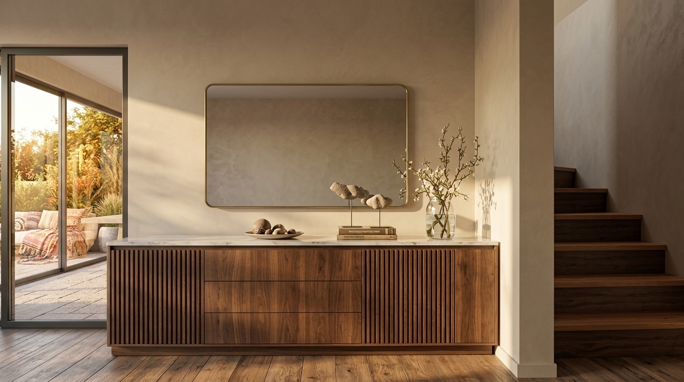 An incredibly lifelike, richly detailed, photorealistic eye-level interior shot of an elegant living room entryway set in a warm, bohemian-inspired contemporary residence. The scene is illuminated by dramatic, low-angled golden hour sunlight streaming through the adjacent floor-to-ceiling glass patio door, creating an inviting, tranquil, and free-spirited atmosphere. Captured with a 50mm architectural lens at a balanced depth of field, emphasizing the tactile textures of fluted walnut wood, smooth plaster walls, and polished marble flooring. 

Anchoring the space is a handcrafted, low-profile credenza featuring deep-toned slatted cabinetry and smooth central drawers. Resting on its surface is a curated vignette of vintage-collected decor: a delicate glass vase holding blossoming botanical branches, stacked photography art books topped with organic stone sculptures, and a subtle ceramic display dish. Above, a slender, rounded brass-trimmed frame reflects ambient light, framed naturally between a dimly lit wooden staircase to the right and sunlit outdoor views to the left, seamlessly fusing earthy neutrals with refined, modern warmth.