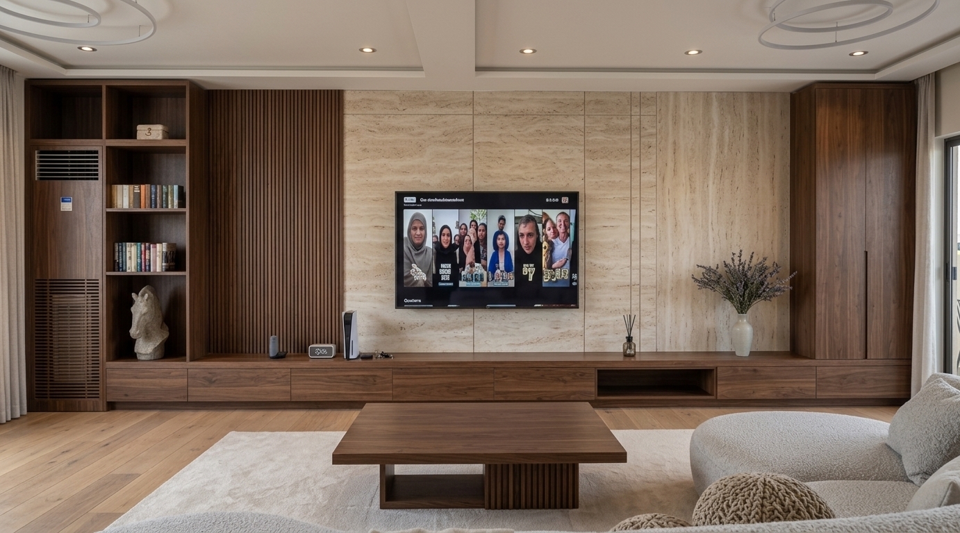 An incredibly lifelike, richly detailed, photorealistic wide-angle interior shot of a luxurious contemporary living room set in an upscale modern residence. The scene is illuminated by warm, diffused recessed ceiling spotlights and subtle ambient daytime glow, creating a calm, sophisticated, and inviting atmosphere. Captured with a professional full-frame camera and a 24mm wide-angle lens, emphasizing the rich, vertical grain of the dark walnut cabinetry, tactile travertine textures, and polished geometric detailing. At the center, a mounted flat-screen TV anchors a textured light-wood accent wall accented by luminous golden brass inlay lines. Surrounding this focal point, floor-to-ceiling dark wood built-ins feature curated decor—including a sculptural bust, artful vases, and books—while a heavy matching walnut coffee table and an organic, curved sectional sofa resting on a plush, pale carpet tie the spacious room together in refined harmony.